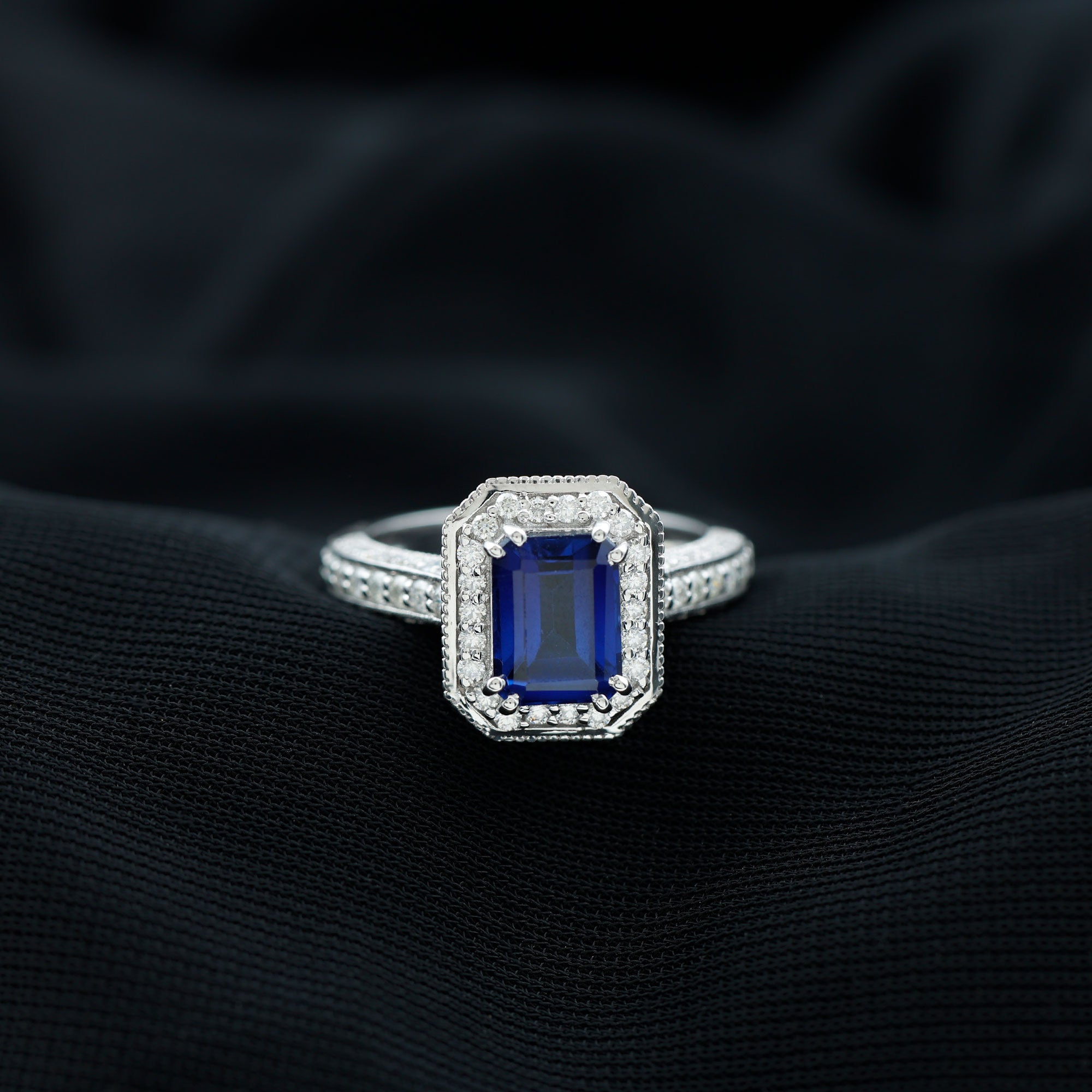 Rosec Jewels-Vintage Engagement Ring with 2.25 CT Created Blue Sapphire and Diamond Accents