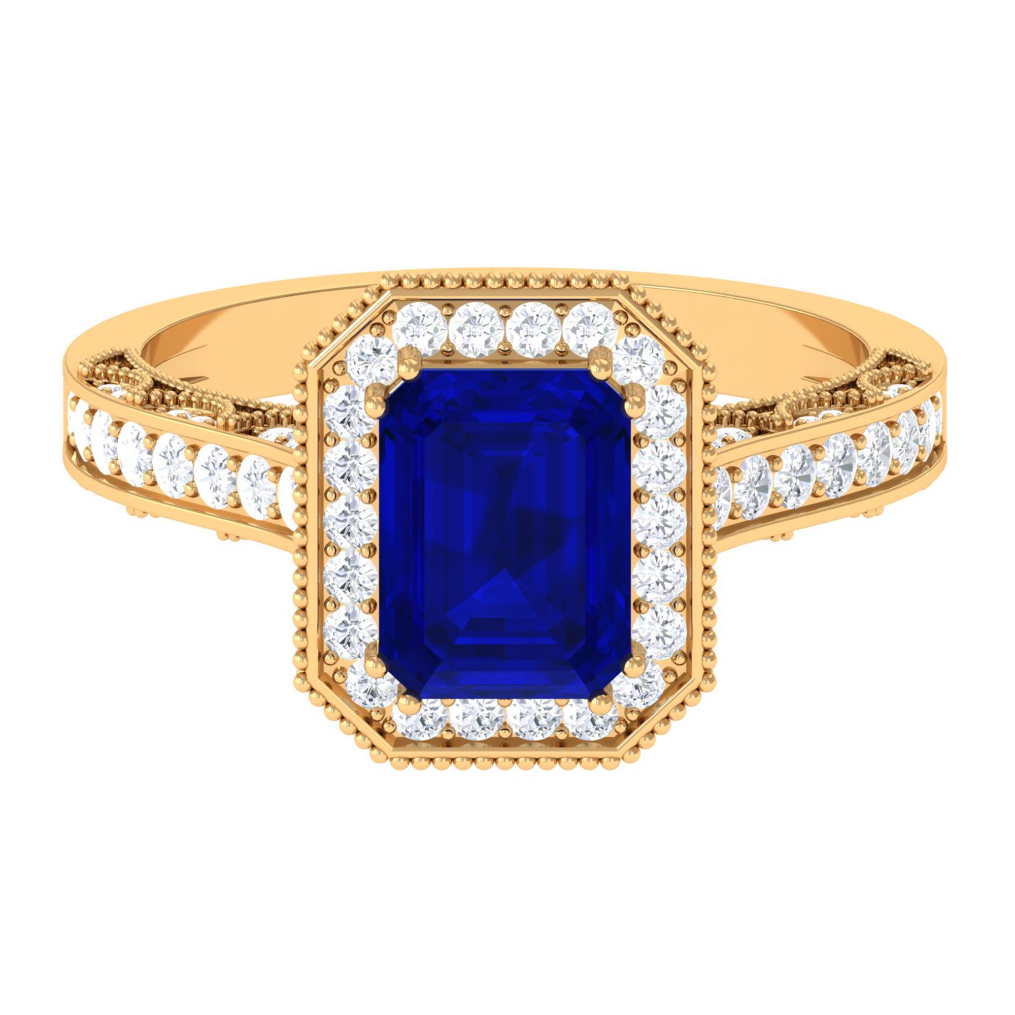 Rosec Jewels-Vintage Engagement Ring with 2.25 CT Created Blue Sapphire and Diamond Accents