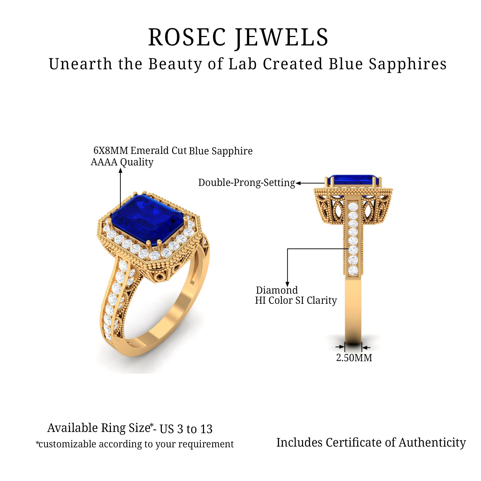 Rosec Jewels-Vintage Engagement Ring with 2.25 CT Created Blue Sapphire and Diamond Accents