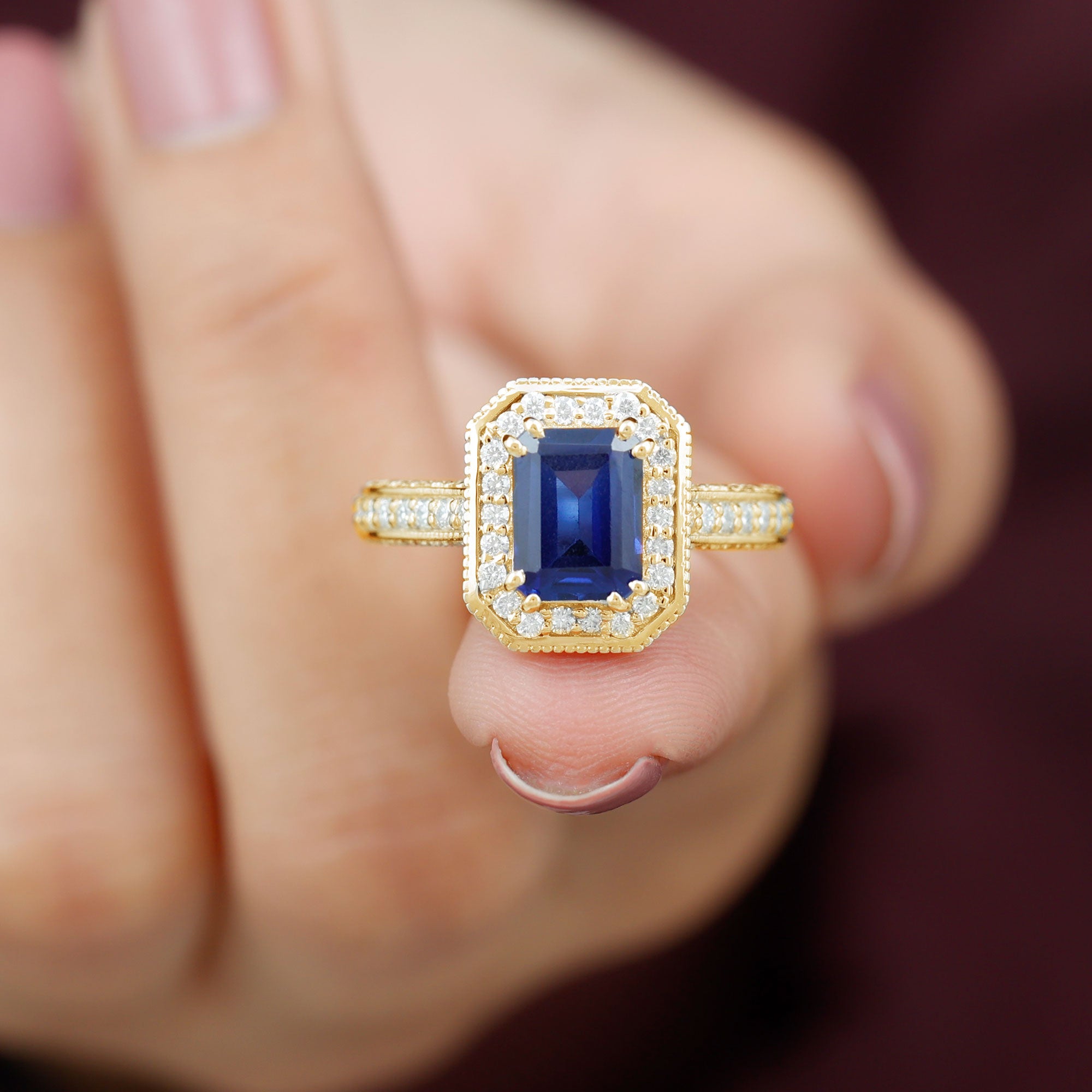 Rosec Jewels-Vintage Engagement Ring with 2.25 CT Created Blue Sapphire and Diamond Accents