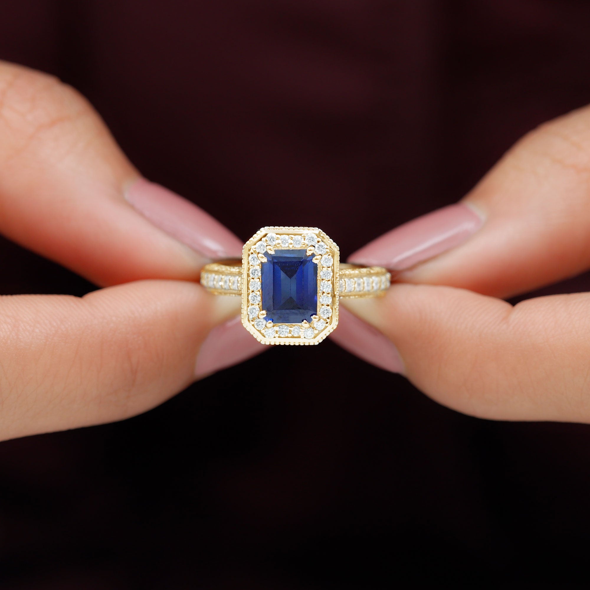 Rosec Jewels-Vintage Engagement Ring with 2.25 CT Created Blue Sapphire and Diamond Accents