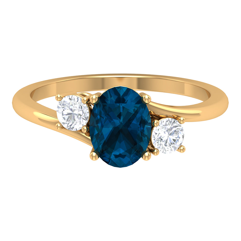 Rosec Jewels-2 CT Oval Cut London Blue Topaz Solitaire Bypass Ring with Diamond Side Stones (AAA Quality)