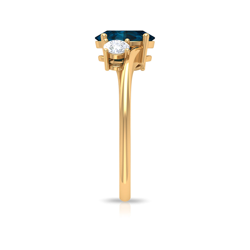 Rosec Jewels-2 CT Oval Cut London Blue Topaz Solitaire Bypass Ring with Diamond Side Stones (AAA Quality)