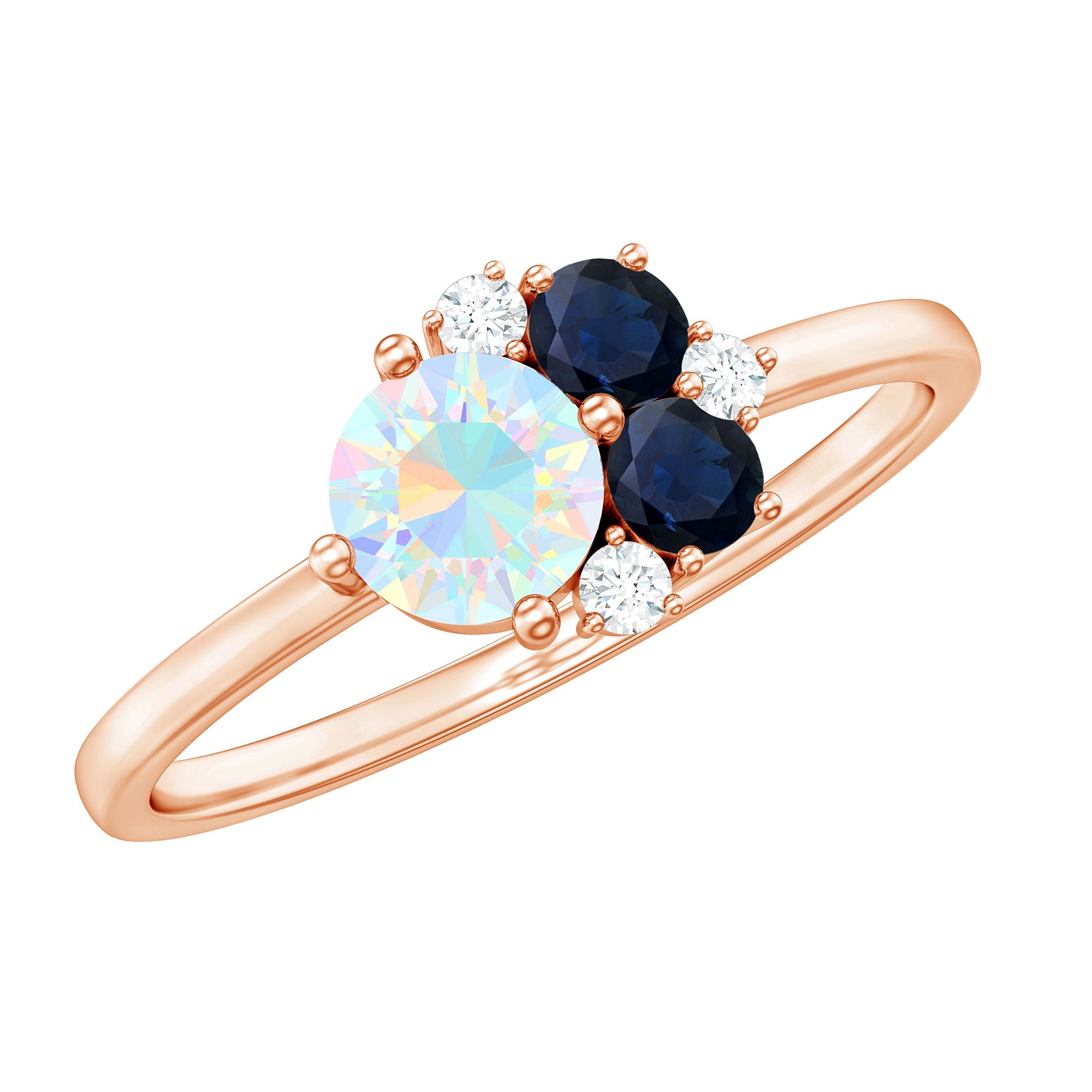 Rosec Jewels-Natural Ethiopian Opal and Blue Sapphire Cluster Promise Ring with Moissanite