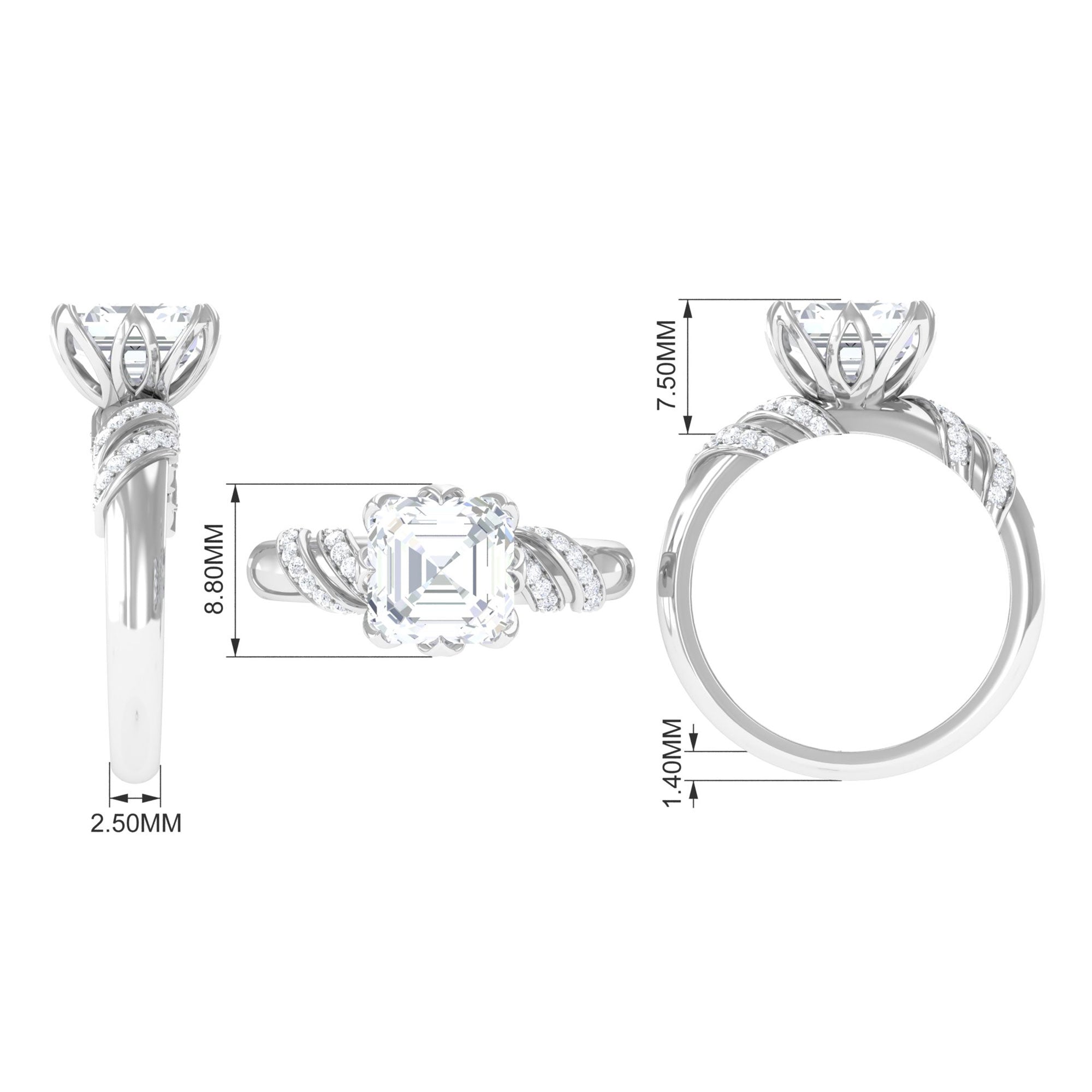 Rosec Jewels-3.5 CT Asscher Zircon Designer Solitaire Engagement Ring in Petal Prong Setting