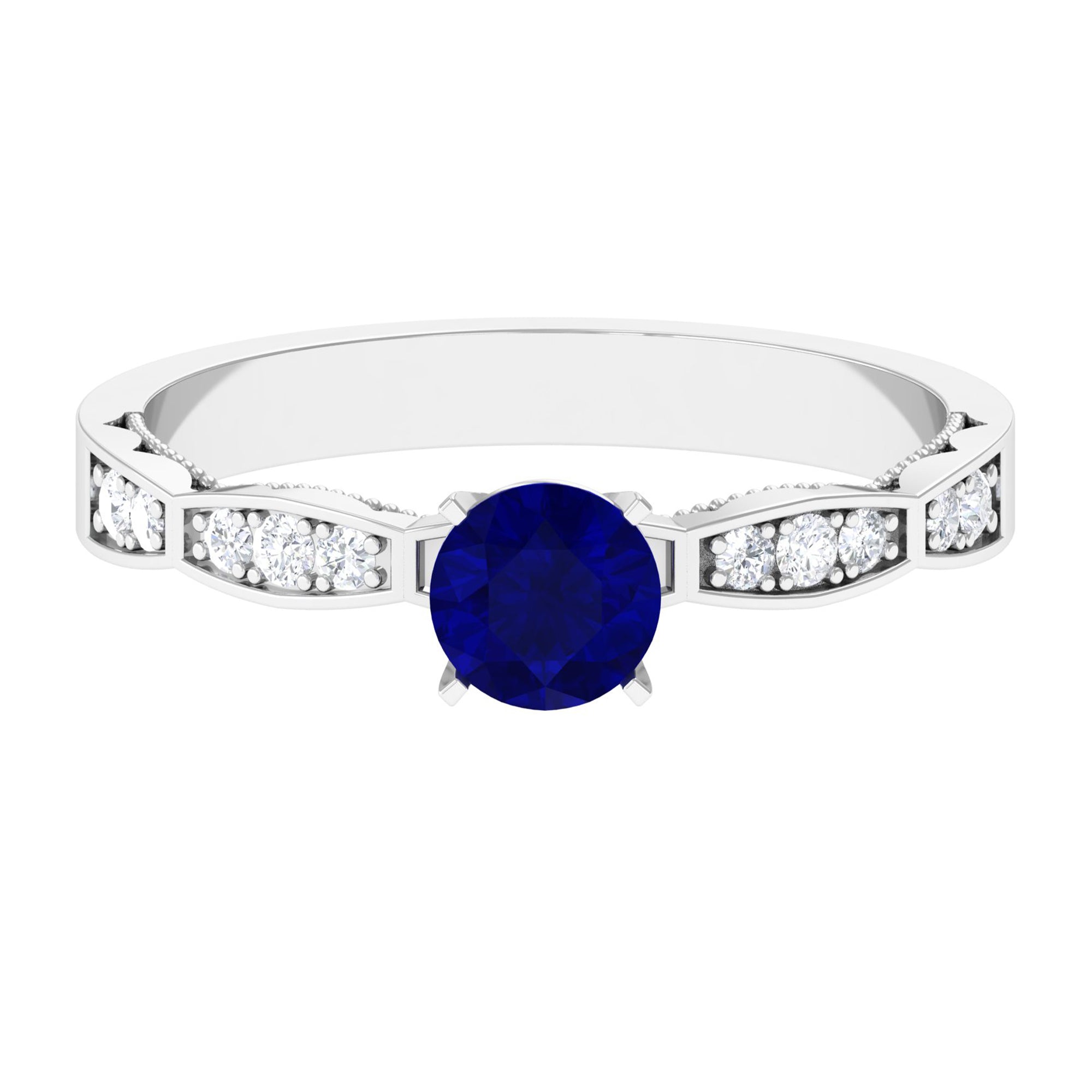 Rosec Jewels-Blue Sapphire Solitaire Engagement Ring with Diamond Side Stones