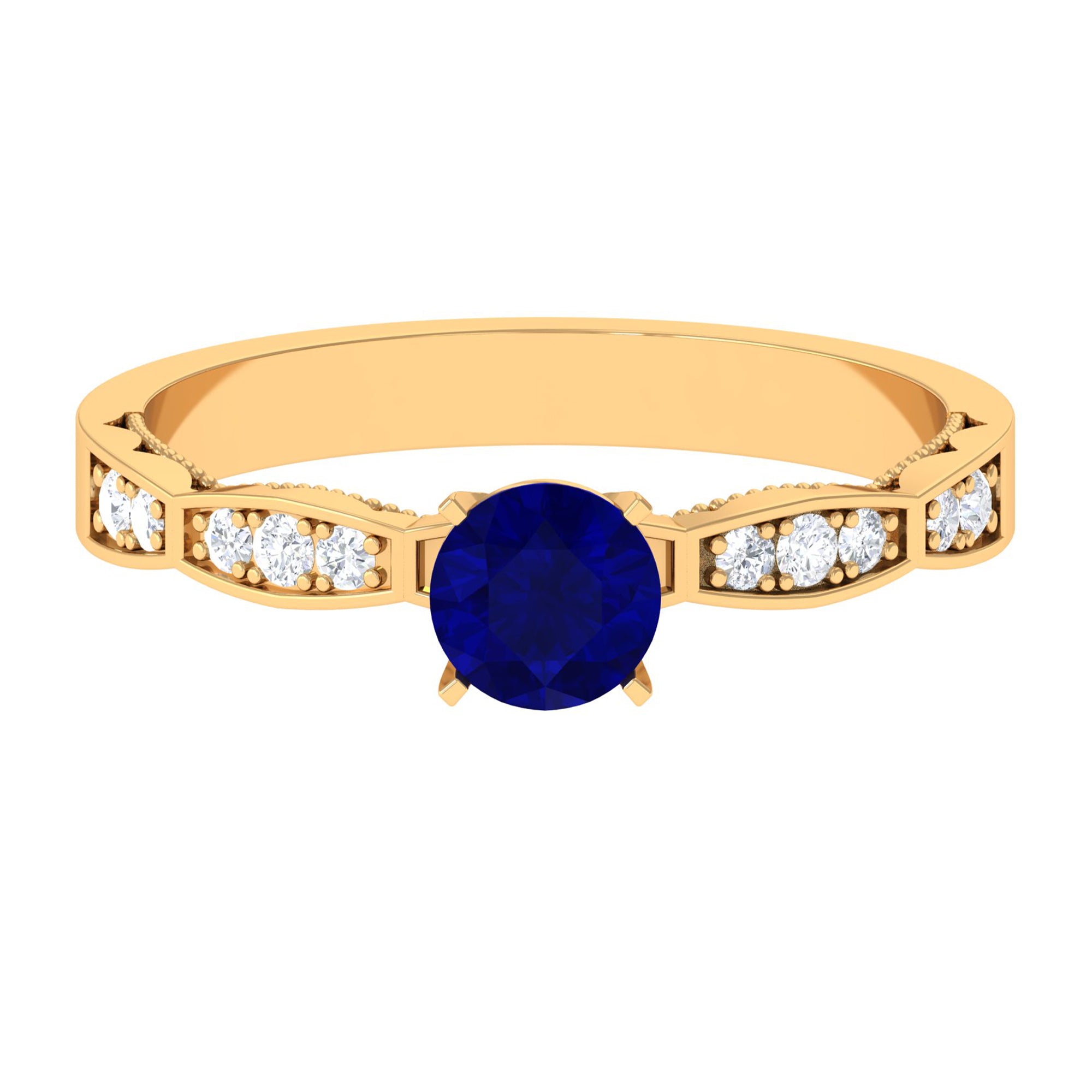 Rosec Jewels-Blue Sapphire Solitaire Engagement Ring with Diamond Side Stones