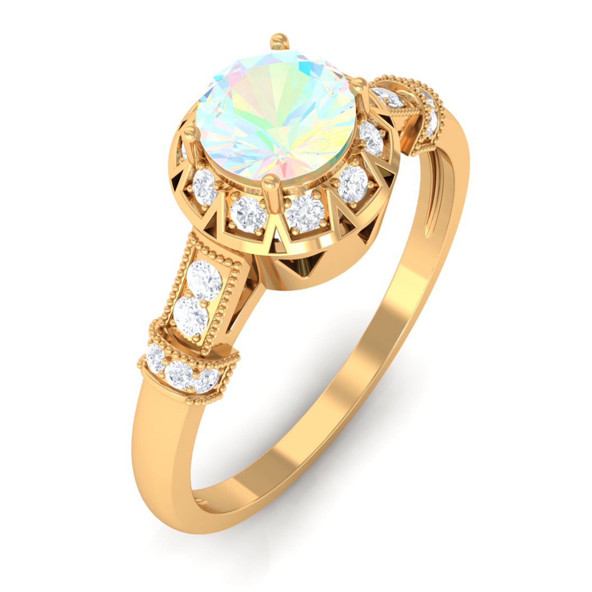 Rosec Jewels-1/2 CT Round Shape Ethiopian Opal and Diamond Accent Vintage Engagement Ring