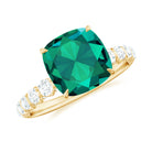 Rosec Jewels-Cushion Cut Created Emerald Engagement Ring with Diamond Side Stones