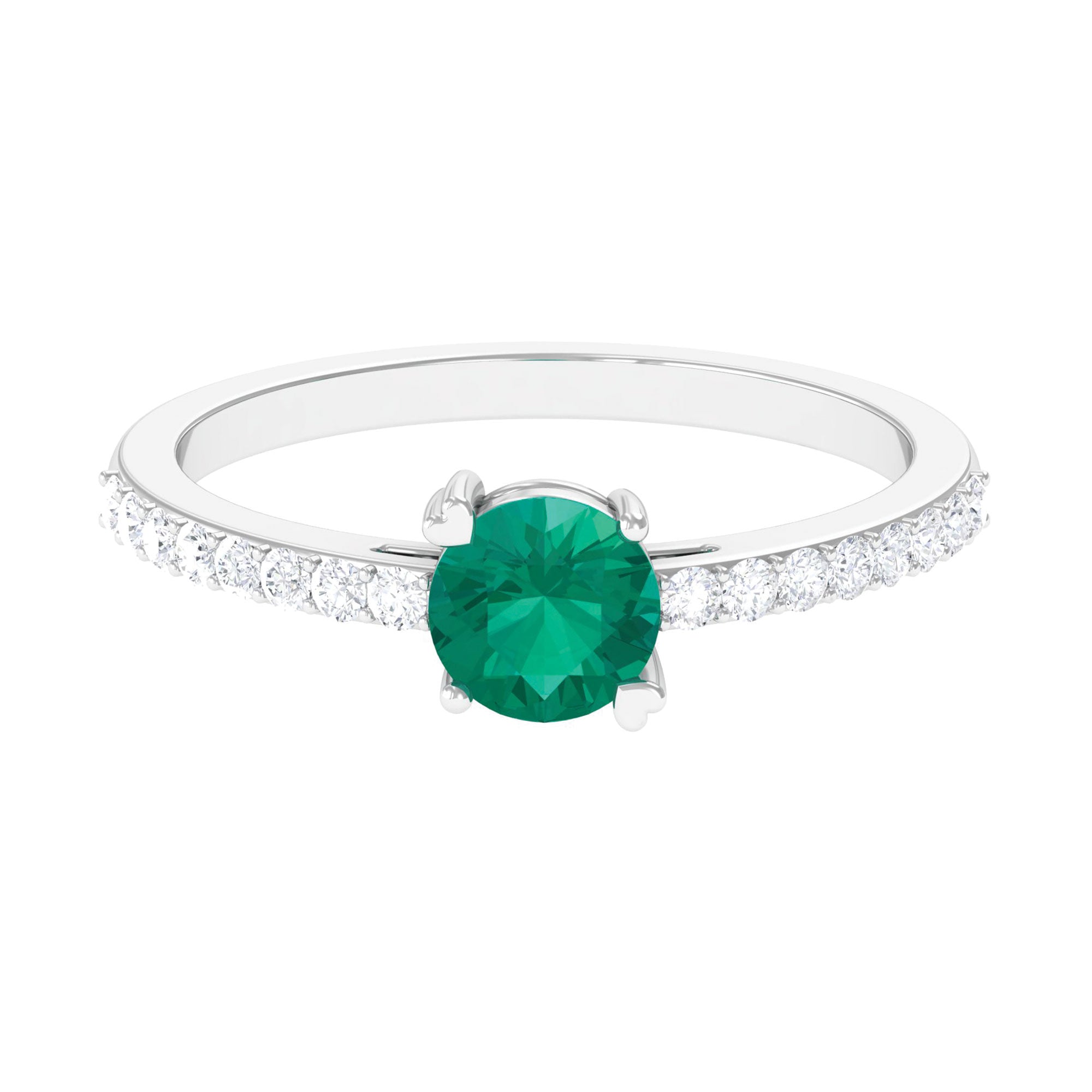 Rosec Jewels-Real Emerald Solitaire Promise Ring with Diamond Side Stones