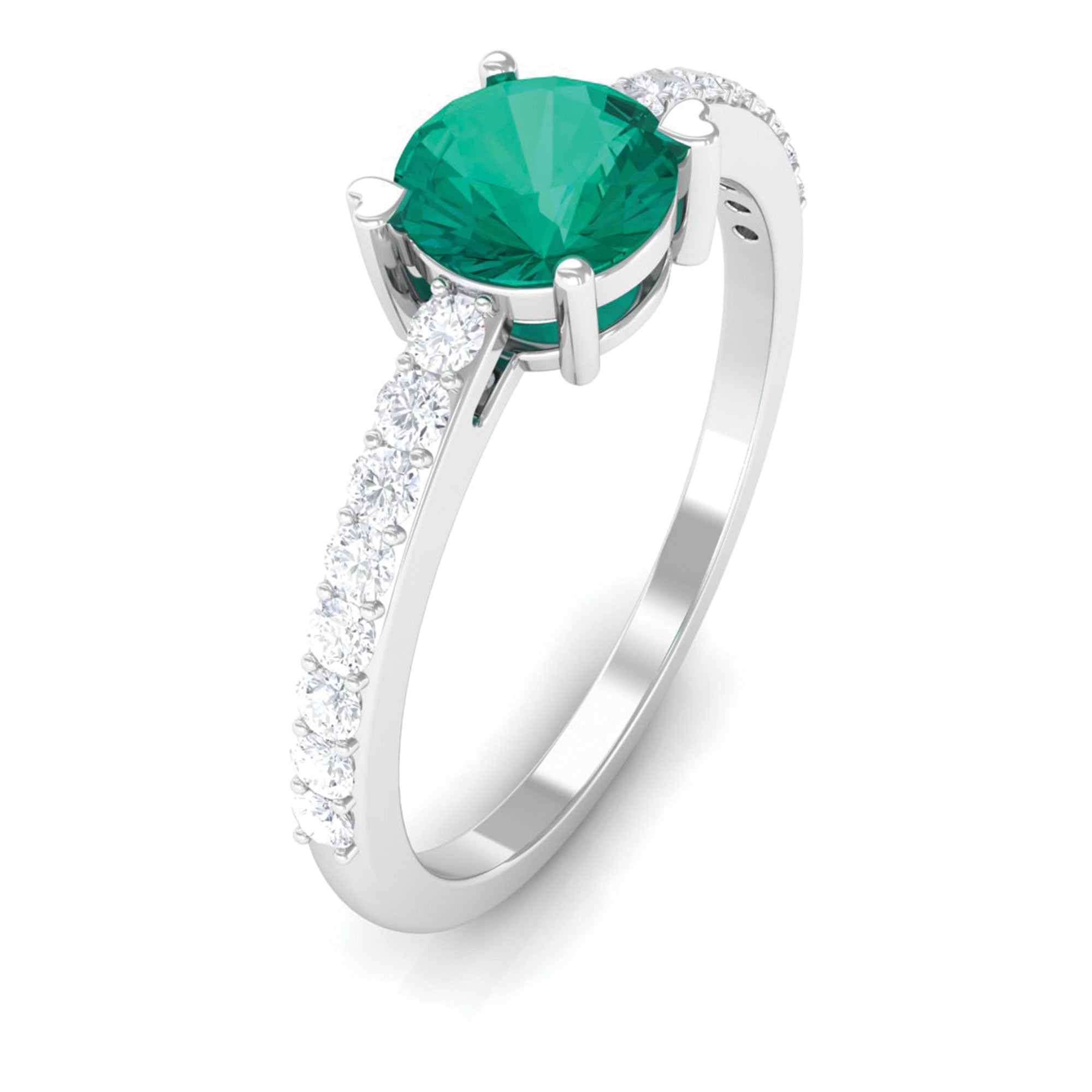 Rosec Jewels-Real Emerald Solitaire Promise Ring with Diamond Side Stones