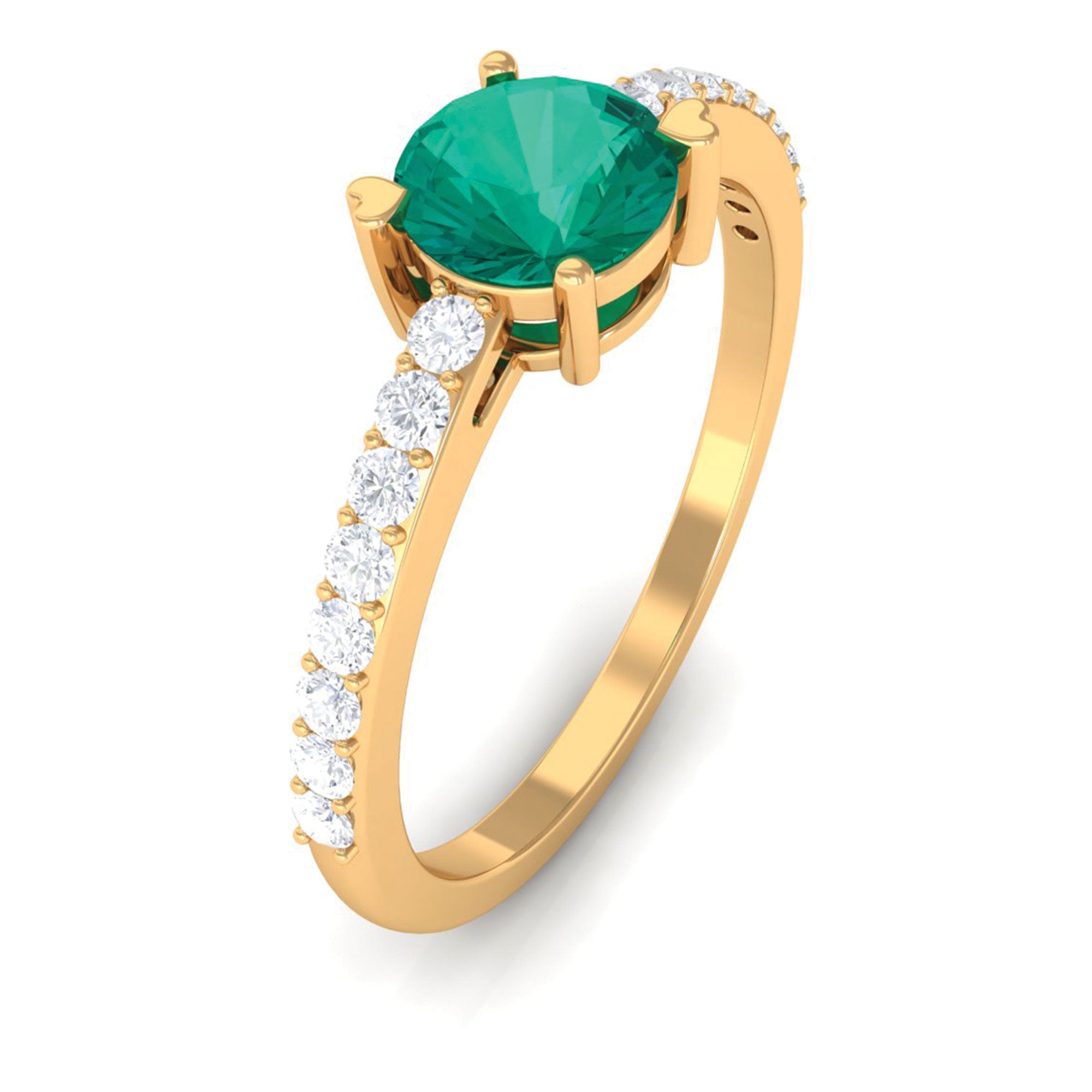 Rosec Jewels-Real Emerald Solitaire Promise Ring with Diamond Side Stones