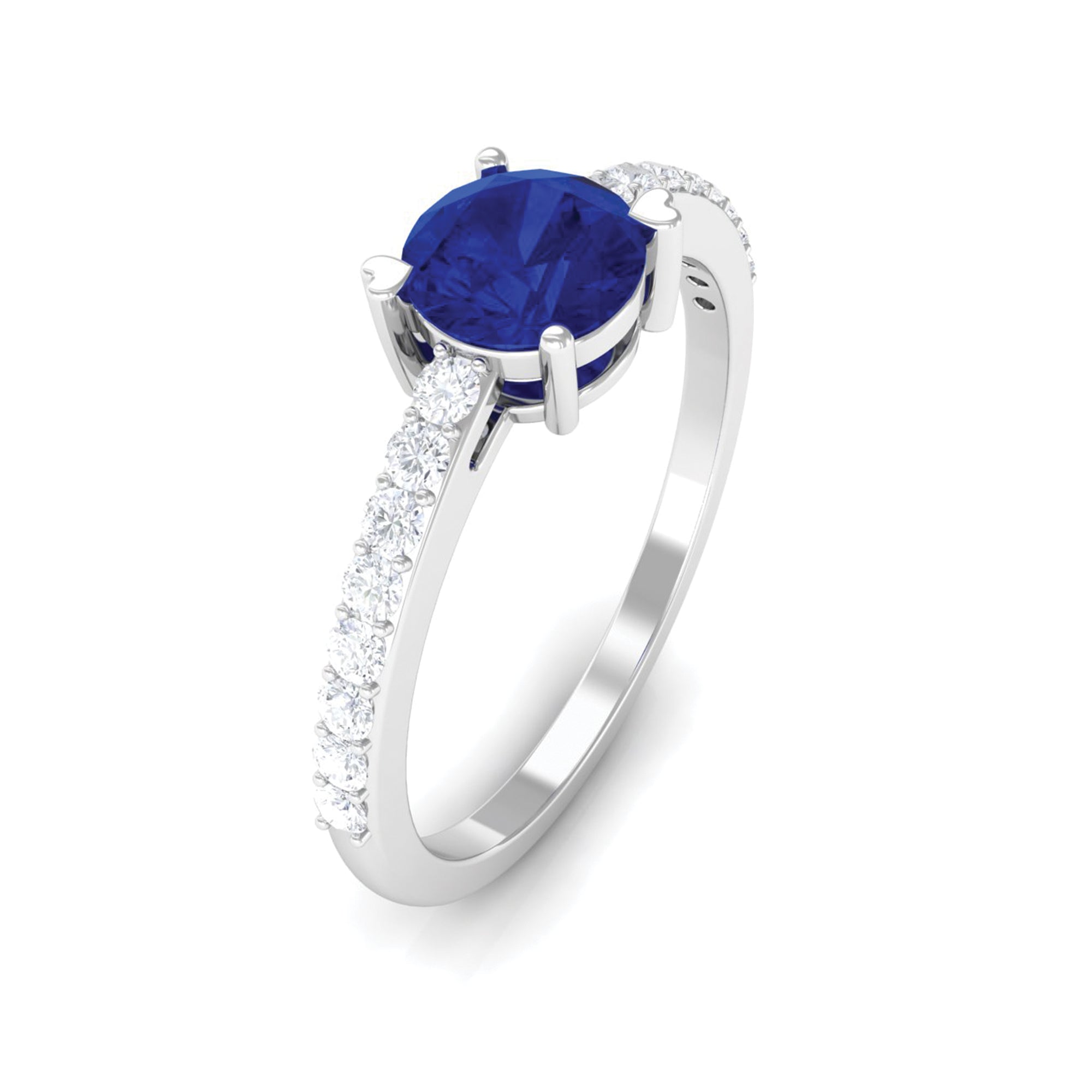 Rosec Jewels-Round Shape Solitaire Created Blue Sapphire Designer Promise Ring with Diamond