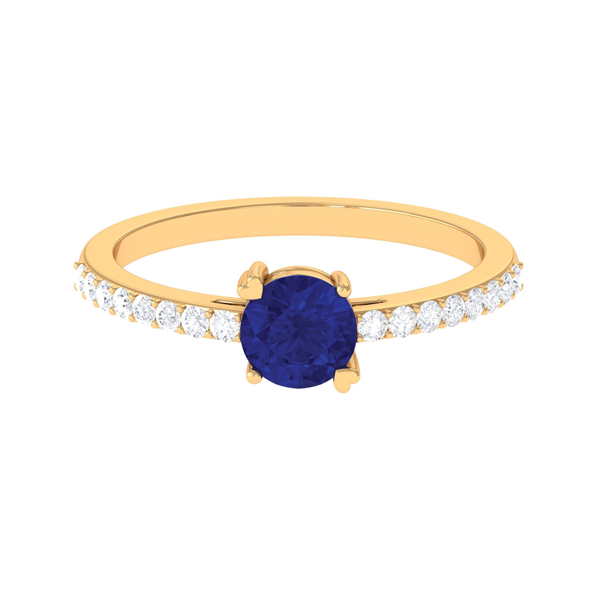 Rosec Jewels-Round Shape Solitaire Created Blue Sapphire Designer Promise Ring with Diamond