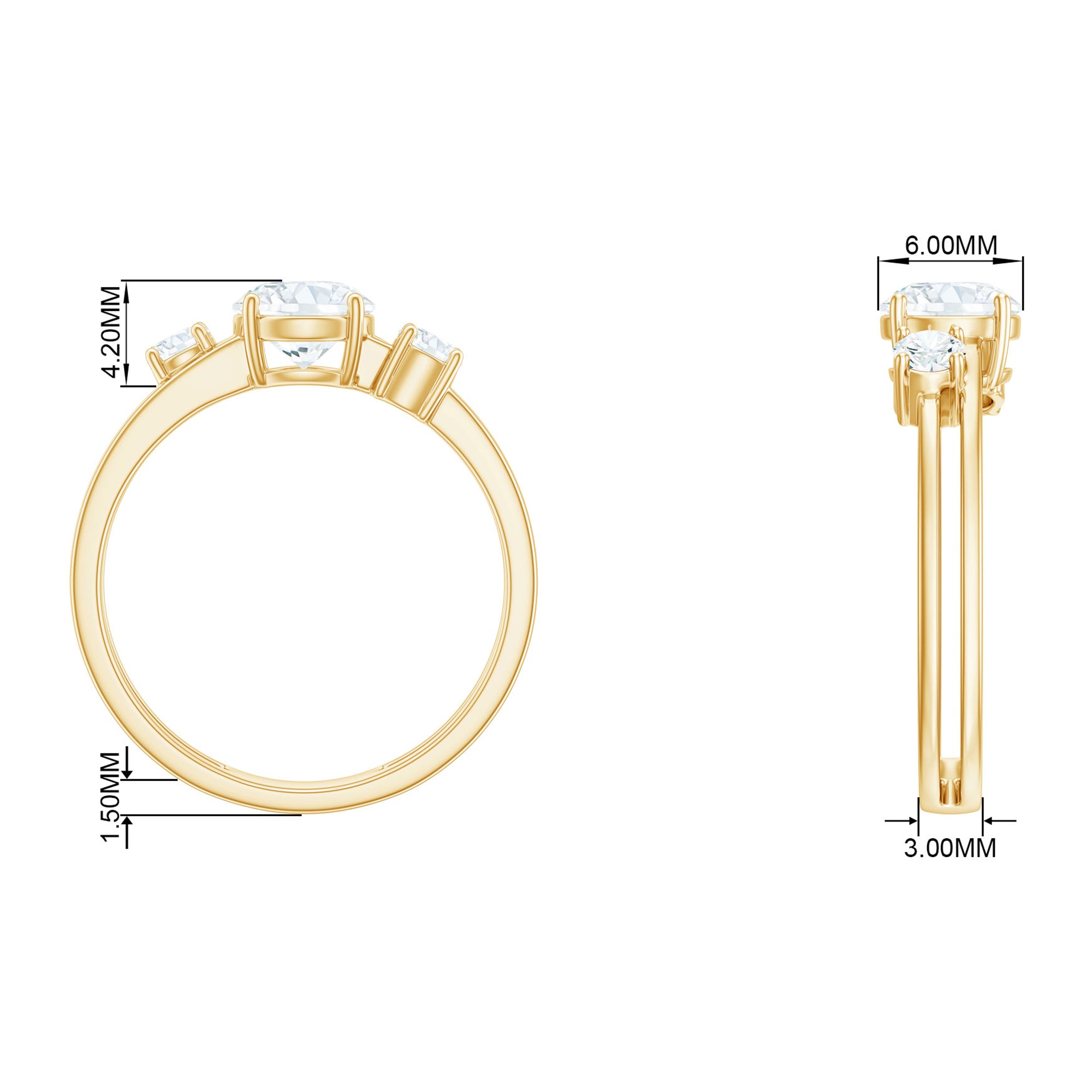 Rosec Jewels-Round Shape Moissanite 3 Stone Double Band Ring in Gold