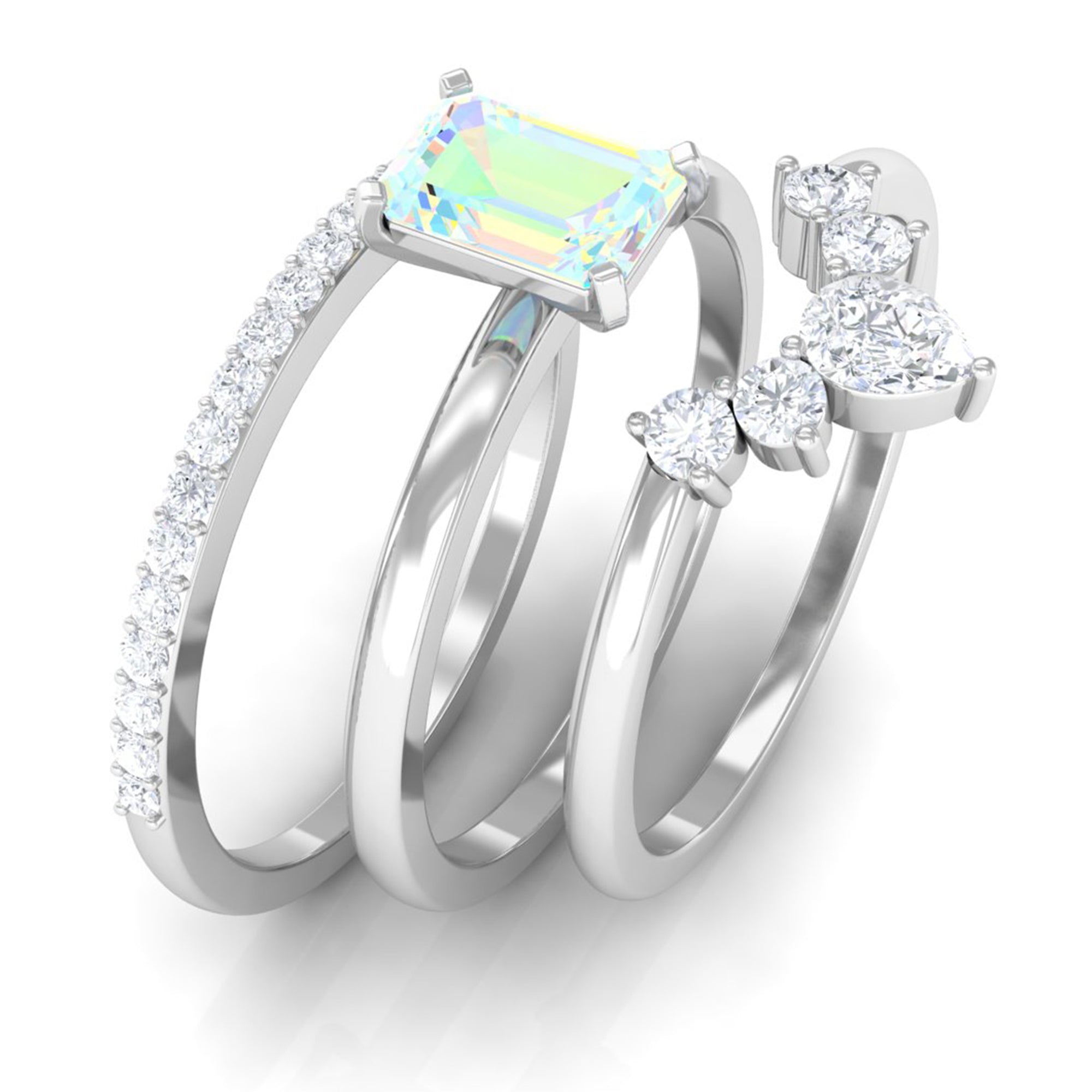 Rosec Jewels-Solitaire Ethiopian Opal Trio Wedding Ring Set with Moissanite