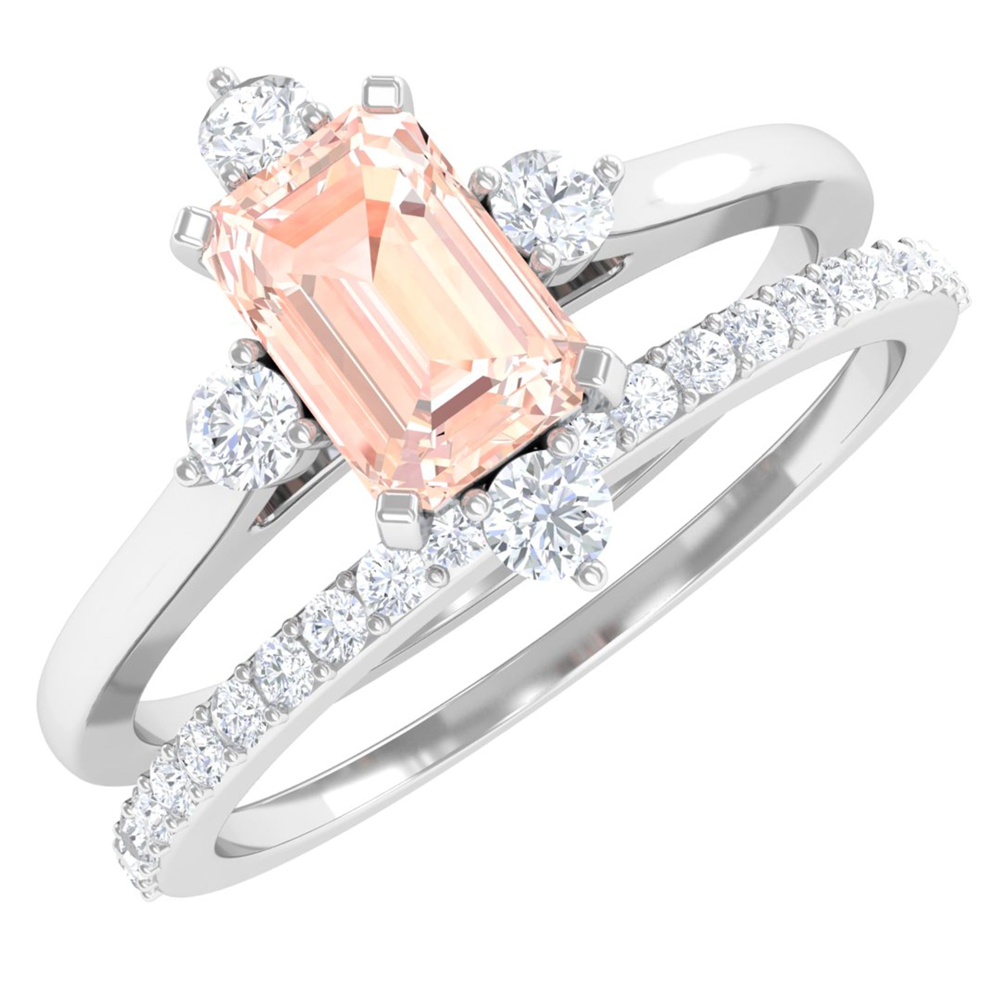 Rosec Jewels-1.25 Carat Emerald Cut Morganite Solitaire Ring Set with Diamond