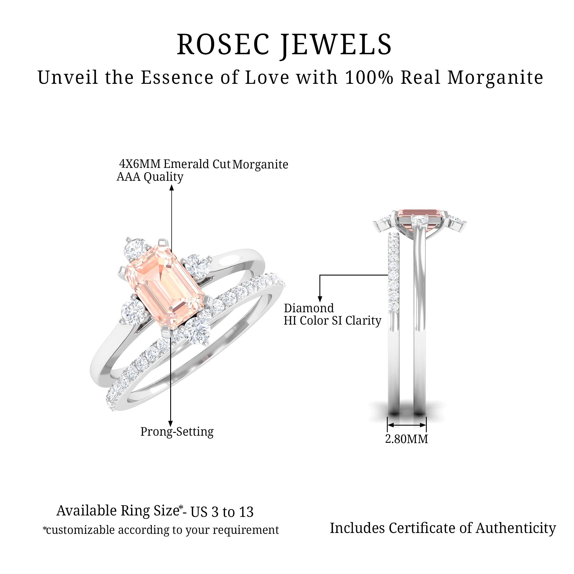 Rosec Jewels-1.25 Carat Emerald Cut Morganite Solitaire Ring Set with Diamond