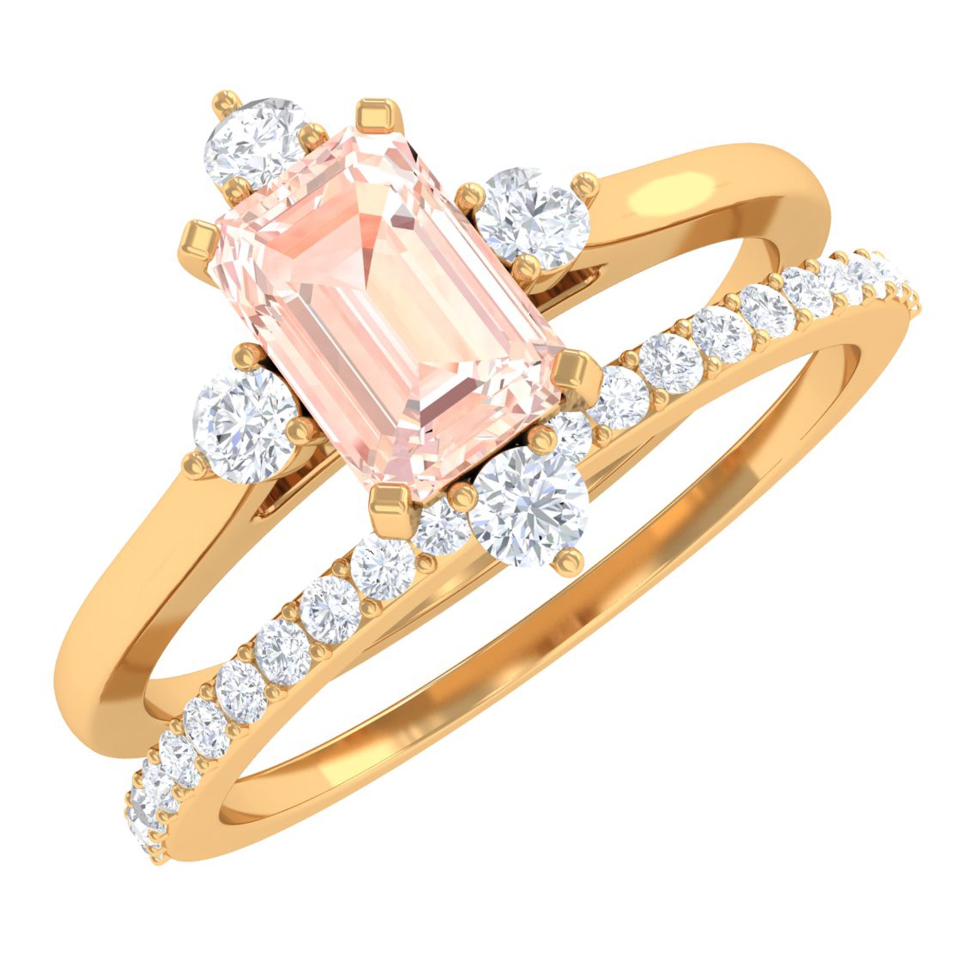 Rosec Jewels-1.25 Carat Emerald Cut Morganite Solitaire Ring Set with Diamond