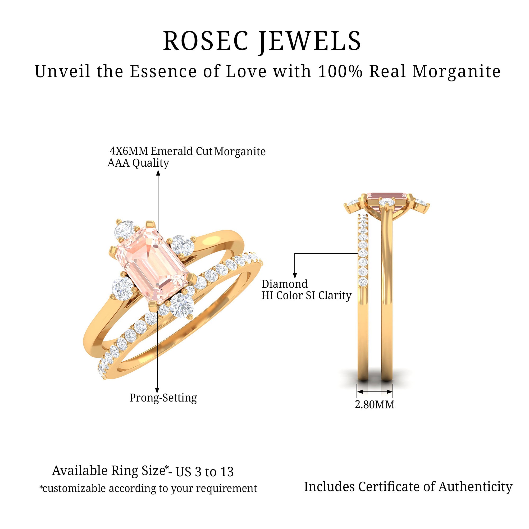 Rosec Jewels-1.25 Carat Emerald Cut Morganite Solitaire Ring Set with Diamond