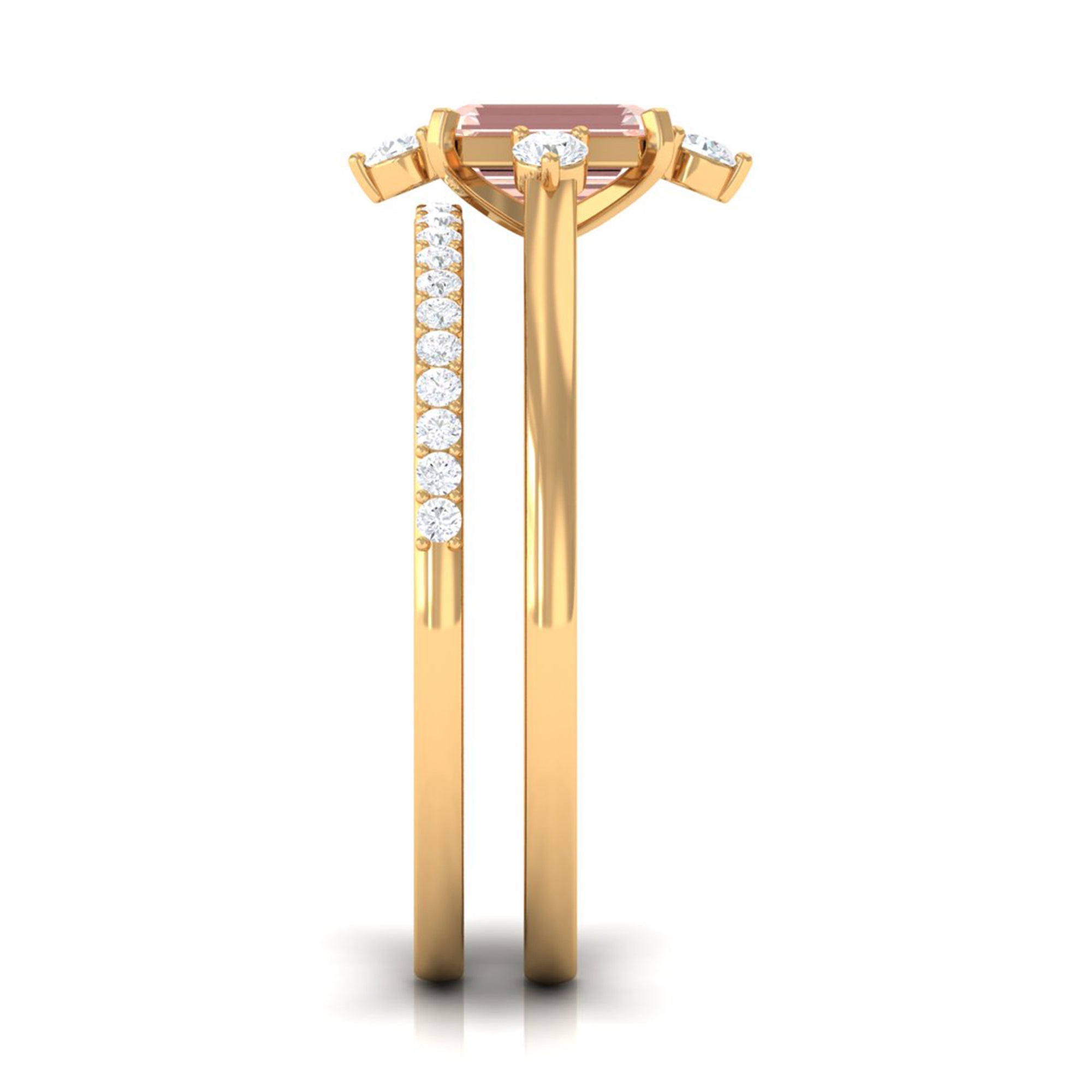 Rosec Jewels-1.25 Carat Emerald Cut Morganite Solitaire Ring Set with Diamond