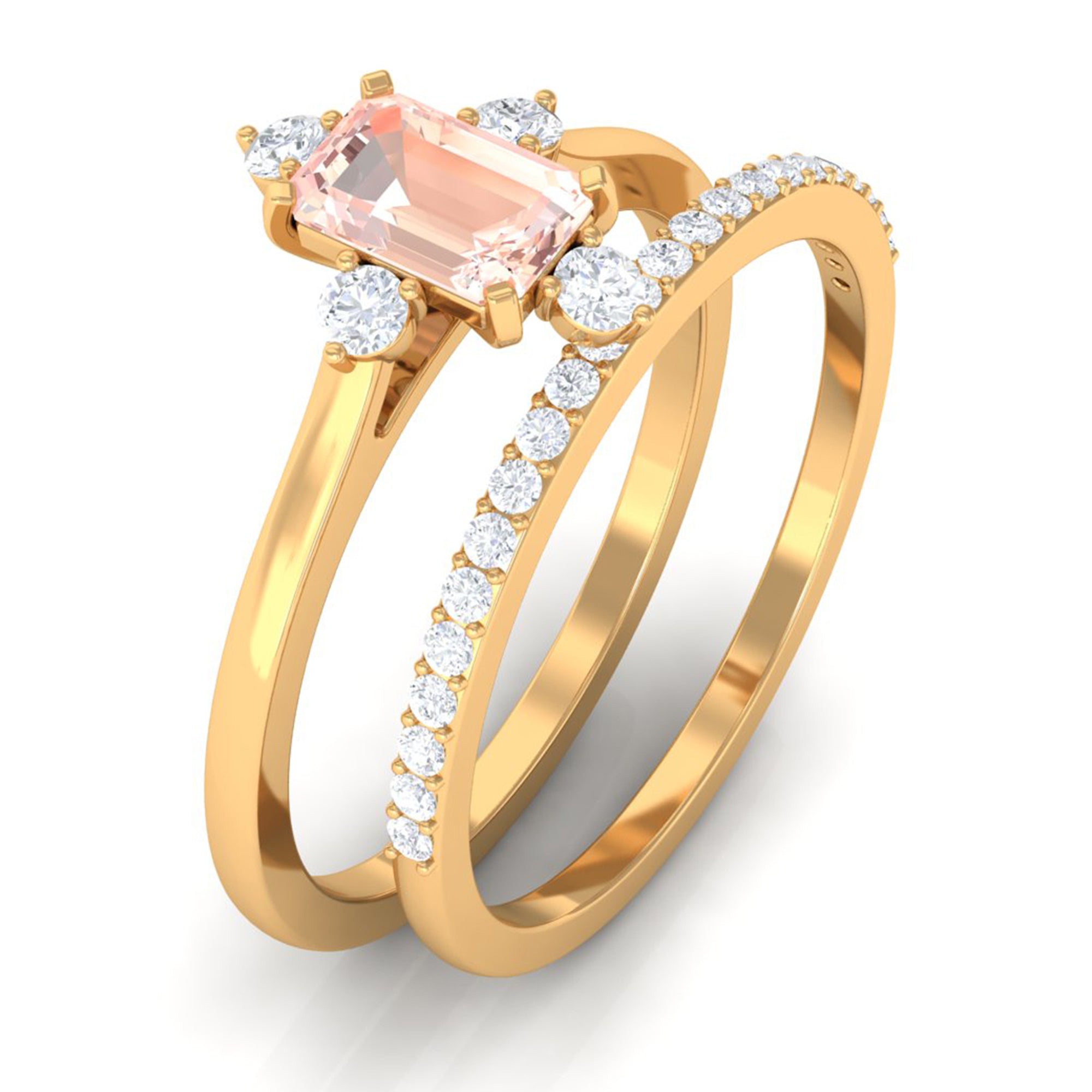 Rosec Jewels-1.25 Carat Emerald Cut Morganite Solitaire Ring Set with Diamond