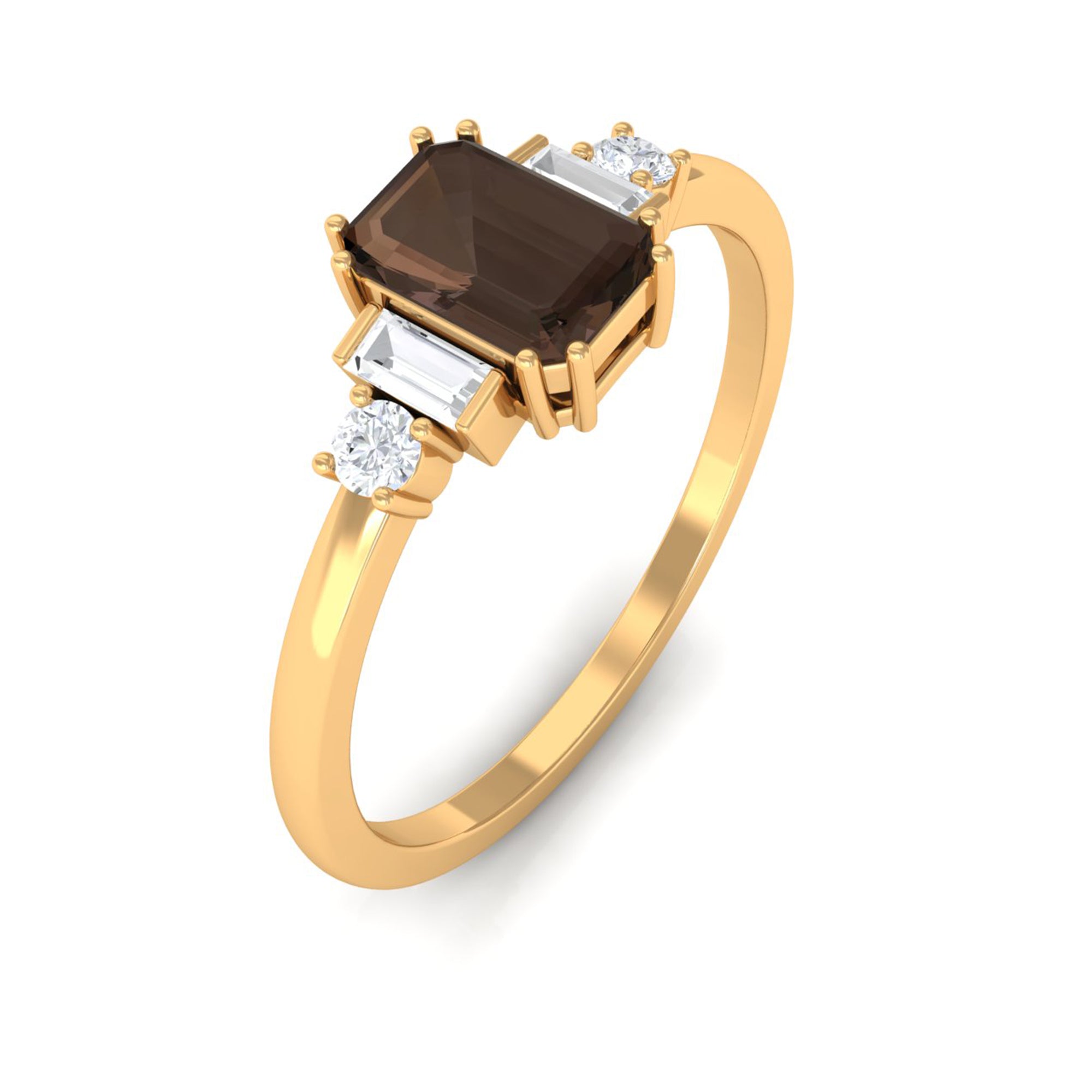 Octagon Cut Smoky Quartz Minimal Ring with Diamond Smoky Quartz - ( AAA ) - Quality - Rosec Jewels