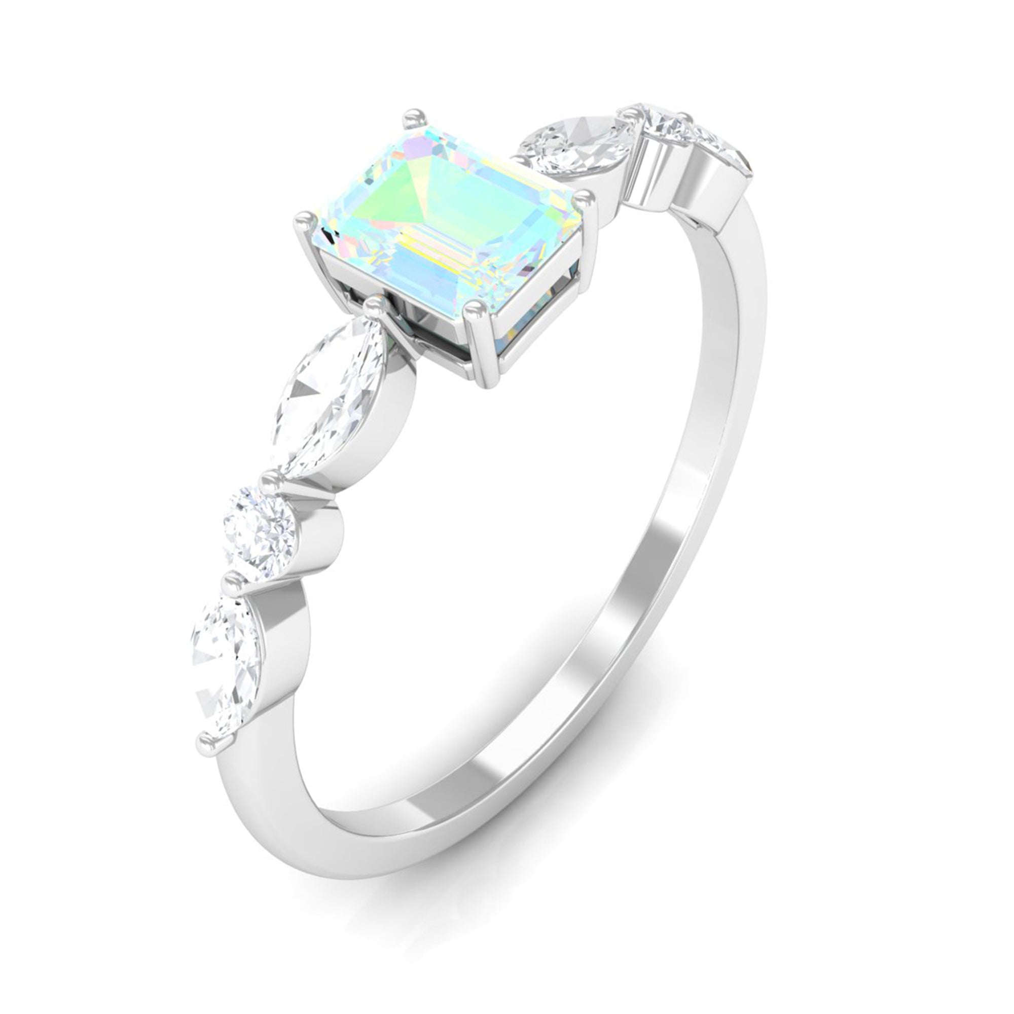 Rosec Jewels-3/4 CT Octagon Ethiopian Opal Solitaire Ring with Diamond Side Stones