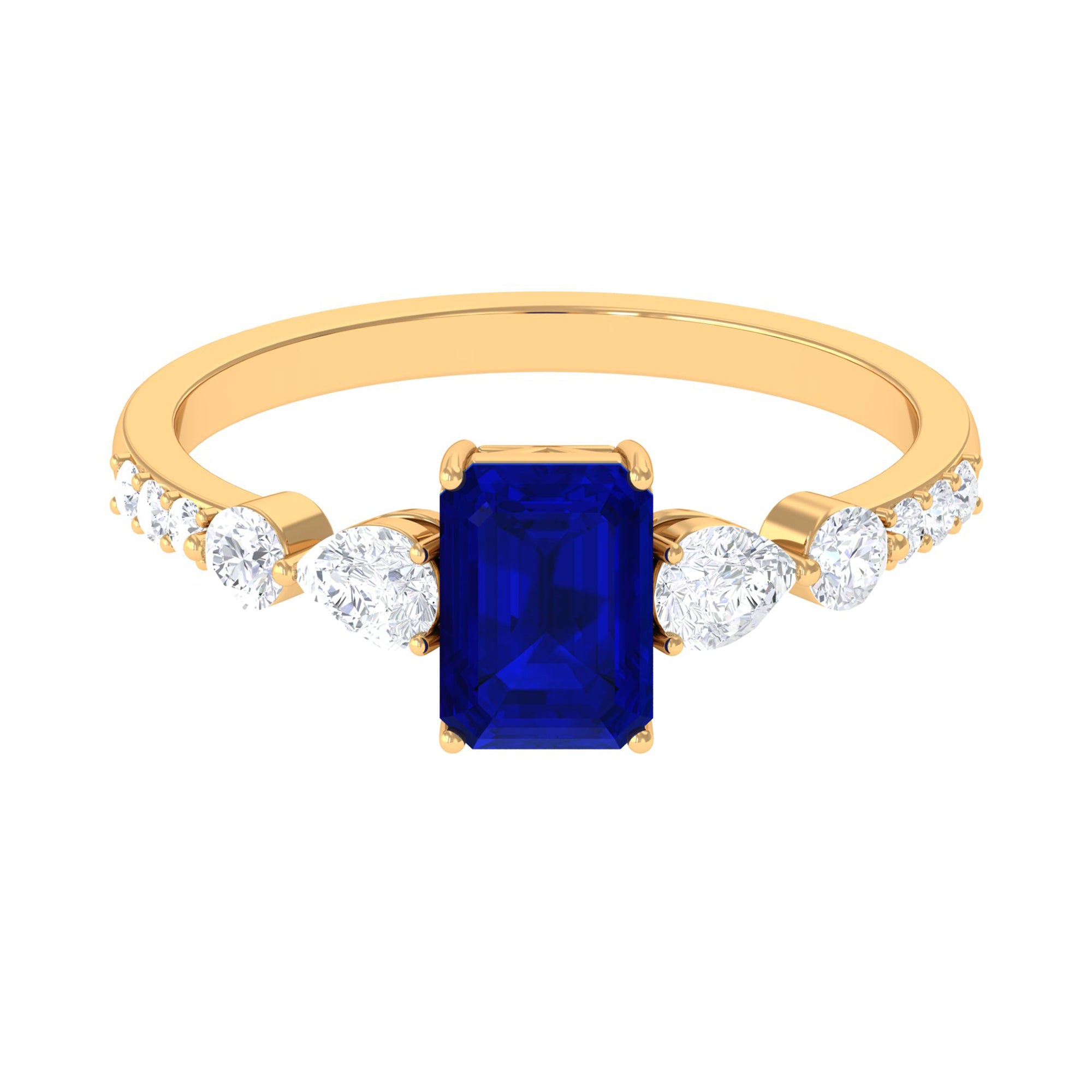 Rosec Jewels-Created Blue Sapphire Classic Solitaire Engagement Ring with Diamond