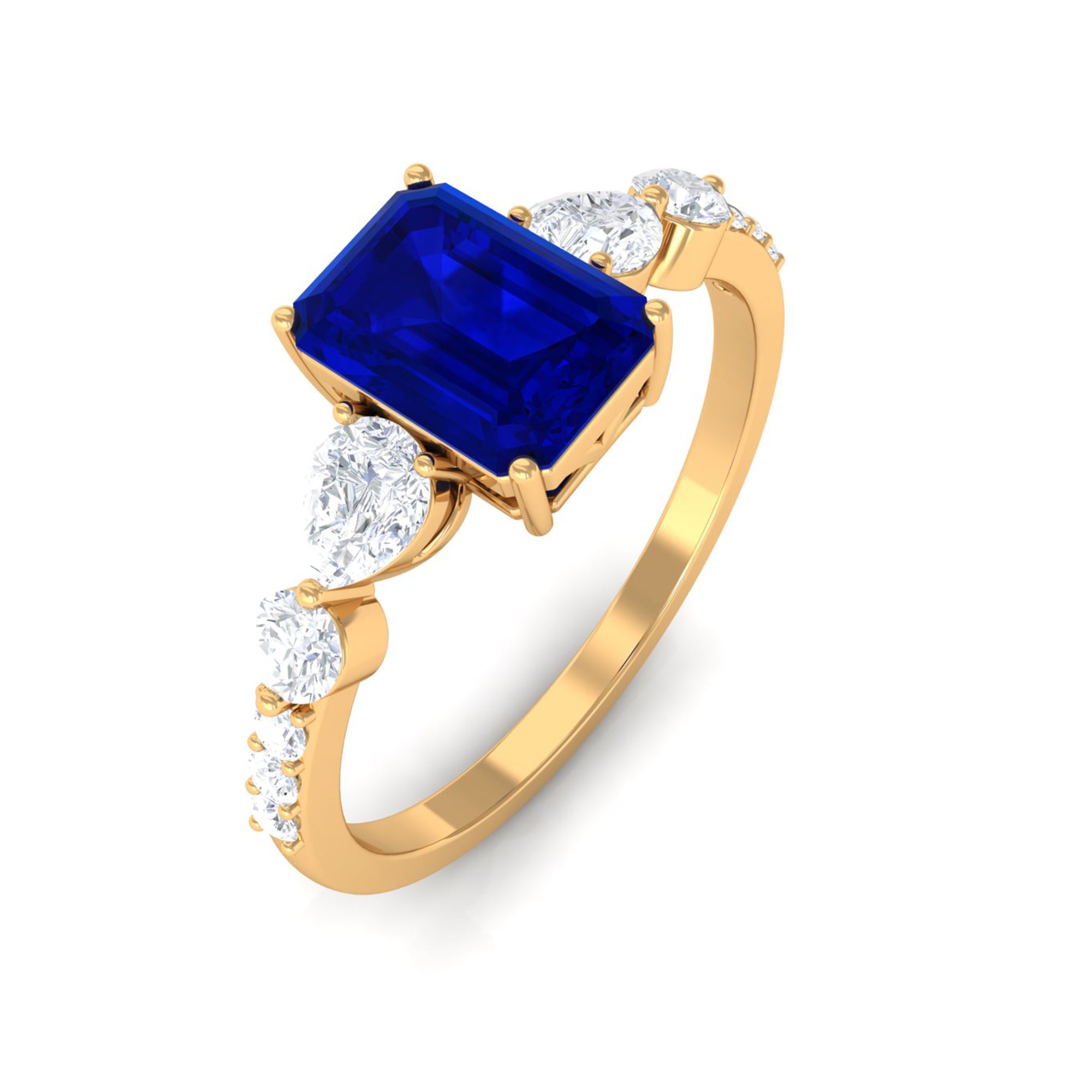 Rosec Jewels-Created Blue Sapphire Classic Solitaire Engagement Ring with Diamond