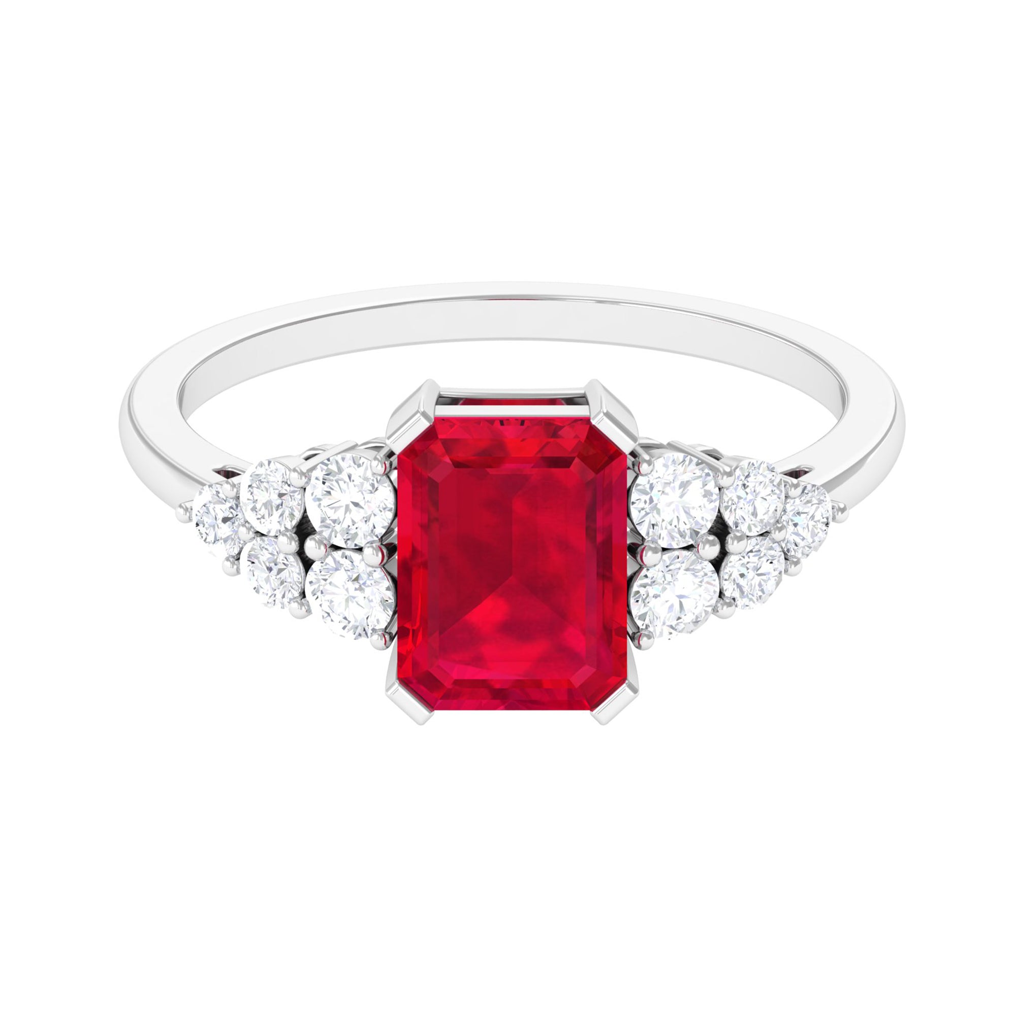 Rosec Jewels-Emerald Cut Created Ruby and Diamond Designer Engagement Ring