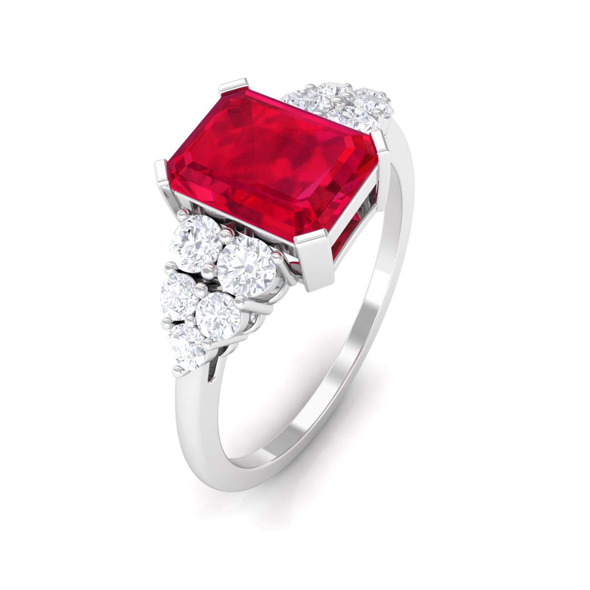 Rosec Jewels-Emerald Cut Created Ruby and Diamond Designer Engagement Ring