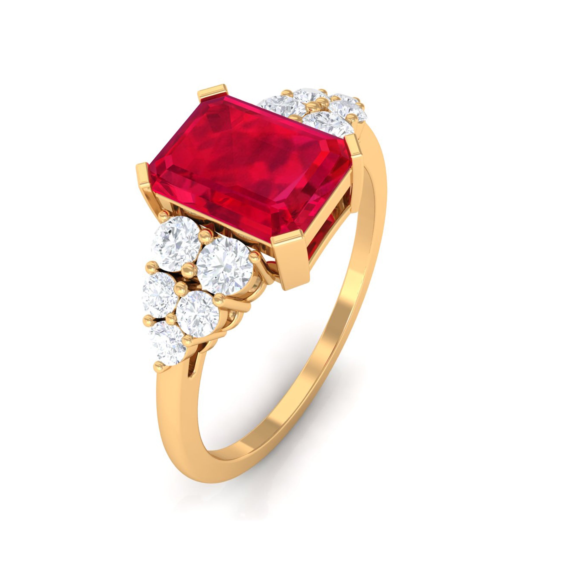 Rosec Jewels-Emerald Cut Created Ruby and Diamond Designer Engagement Ring