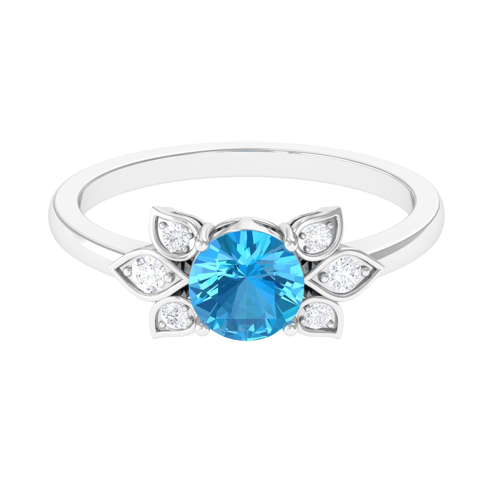 Rosec Jewels-Swiss Blue Topaz Solitaire Flower Ring with Diamond