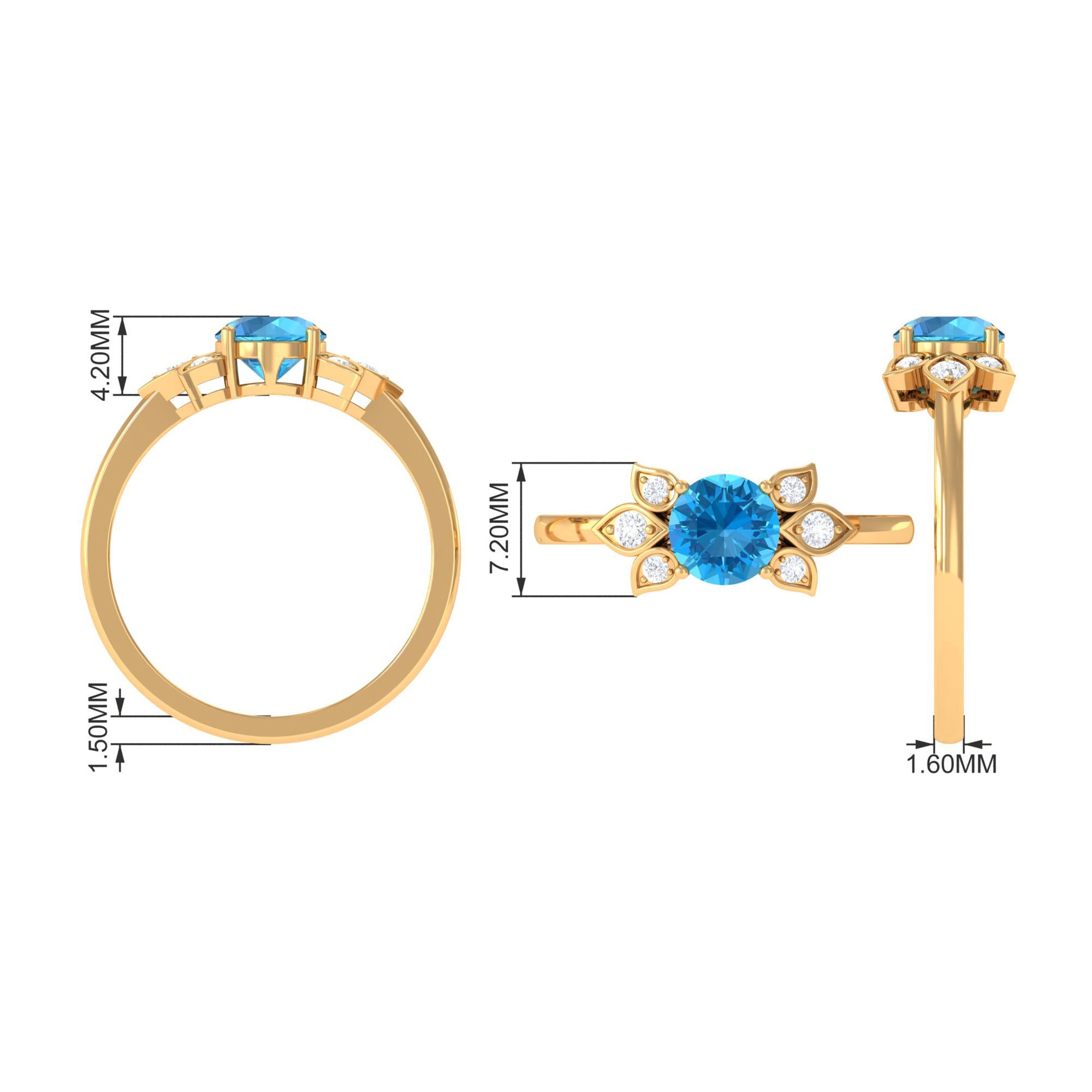 Rosec Jewels-Swiss Blue Topaz Solitaire Flower Ring with Diamond