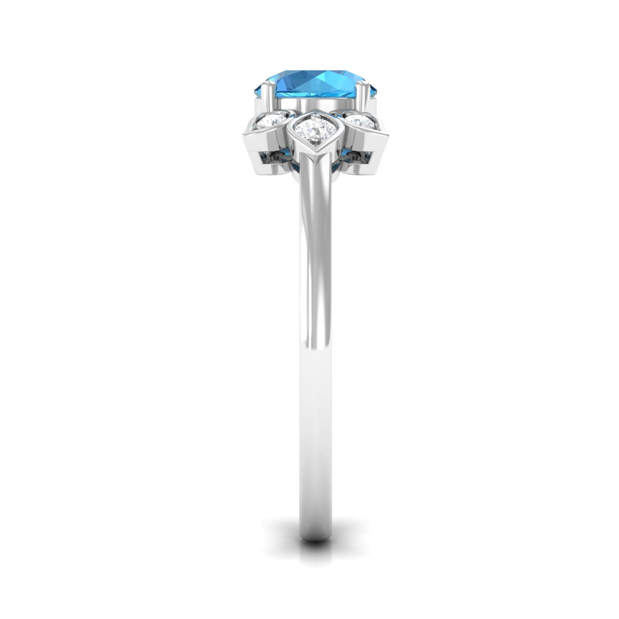 Rosec Jewels-Swiss Blue Topaz Solitaire Flower Ring with Diamond