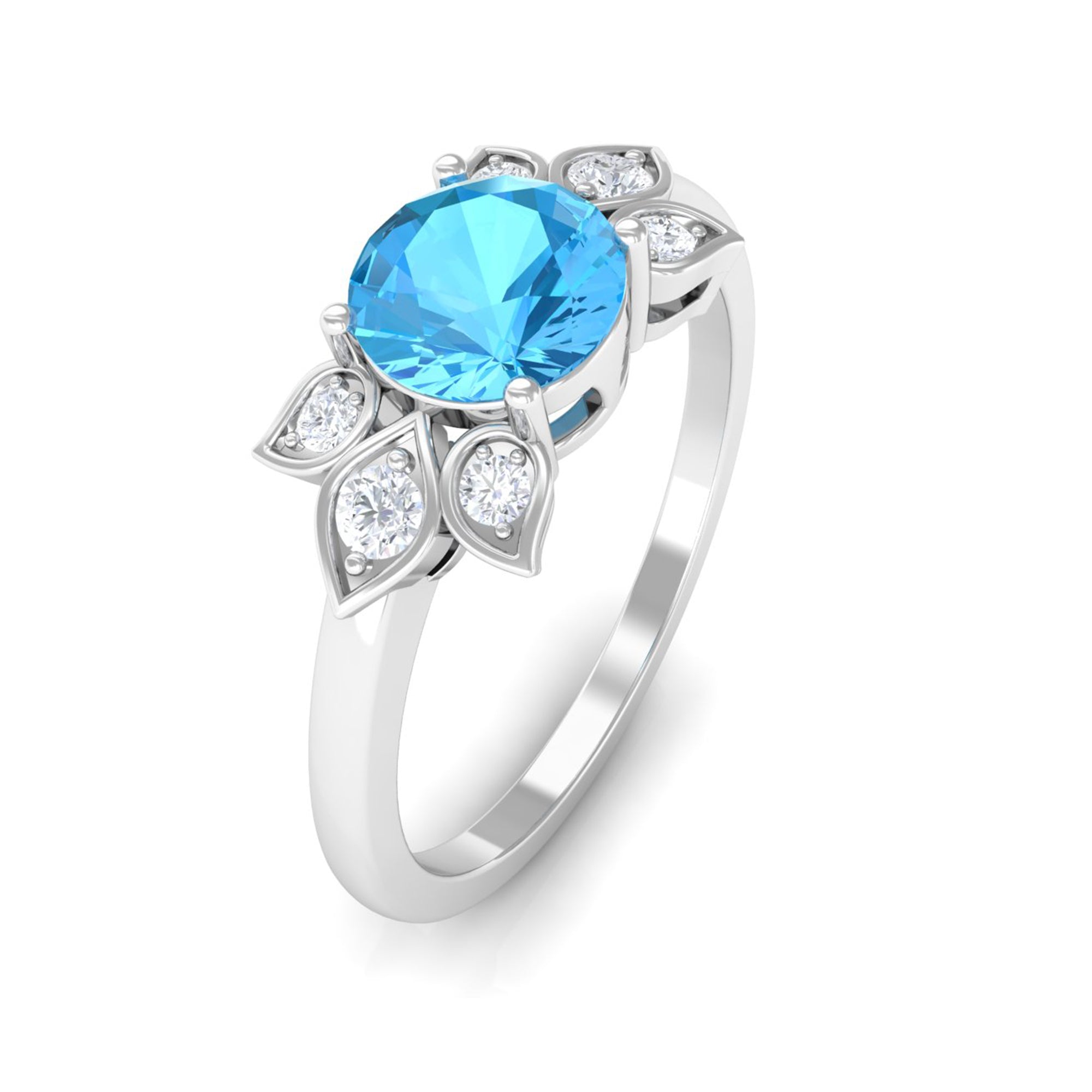 Rosec Jewels-Swiss Blue Topaz Solitaire Flower Ring with Diamond