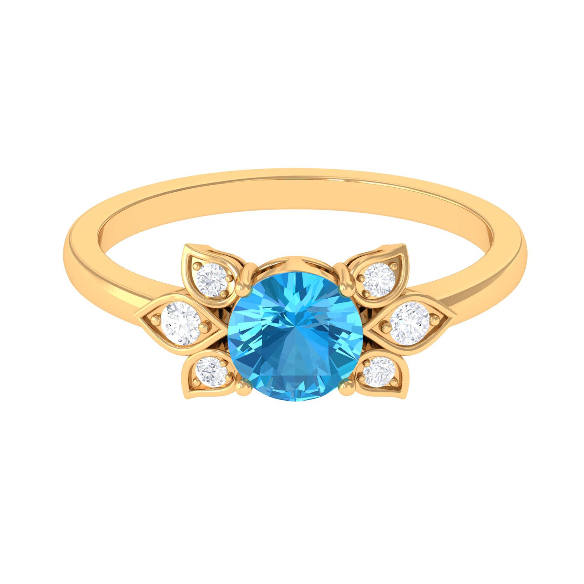 Rosec Jewels-Swiss Blue Topaz Solitaire Flower Ring with Diamond