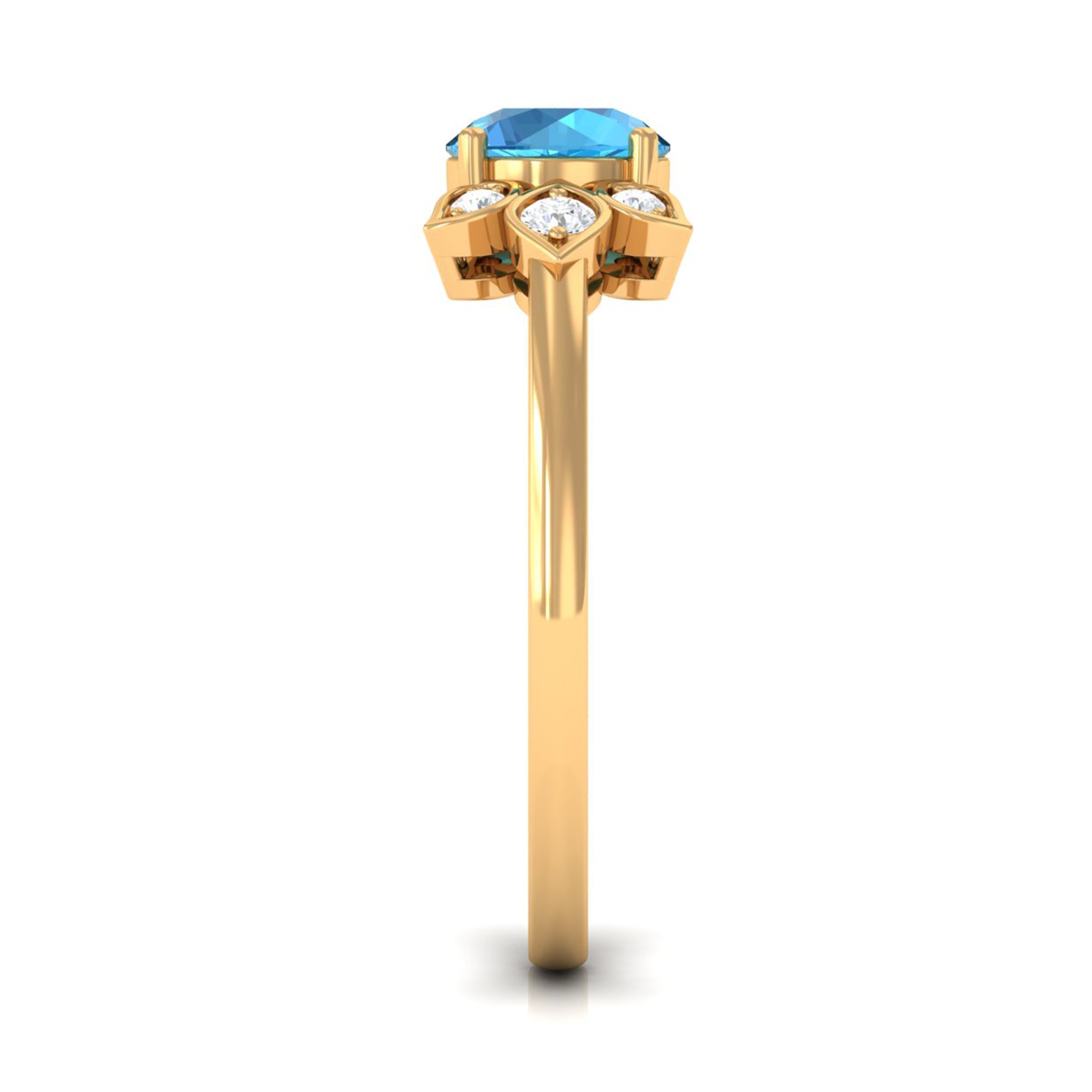 Rosec Jewels-Swiss Blue Topaz Solitaire Flower Ring with Diamond