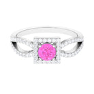 Rosec Jewels-Round Pink Sapphire and Diamond Halo Ring in Split Shank