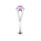 Rosec Jewels-Round Pink Sapphire and Diamond Halo Ring in Split Shank