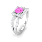 Rosec Jewels-Round Pink Sapphire and Diamond Halo Ring in Split Shank