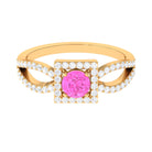 Rosec Jewels-Round Pink Sapphire and Diamond Halo Ring in Split Shank