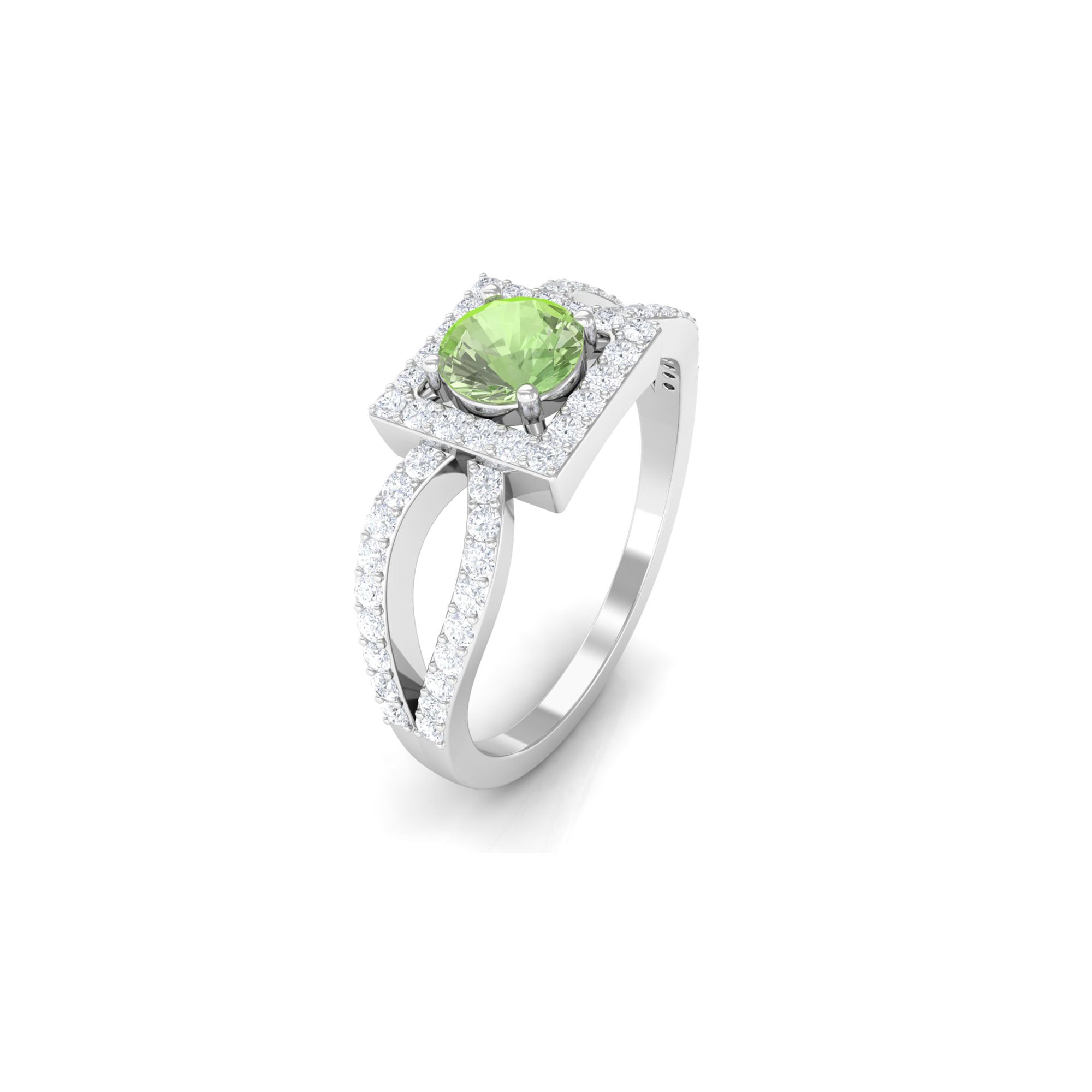 Rosec Jewels-Round Green Sapphire and Diamond Halo Ring in Split Shank