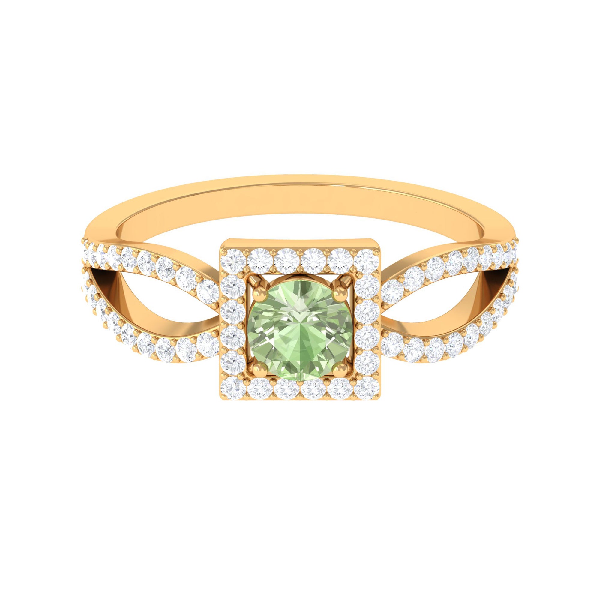 Rosec Jewels-Round Green Sapphire and Diamond Halo Ring in Split Shank