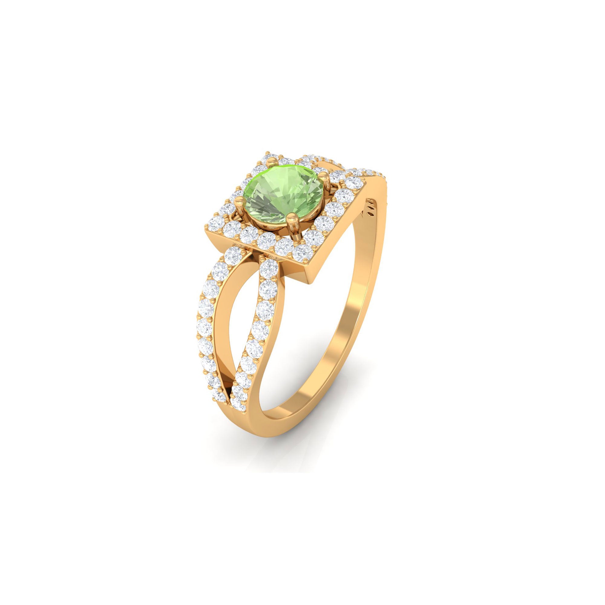 Rosec Jewels-Round Green Sapphire and Diamond Halo Ring in Split Shank