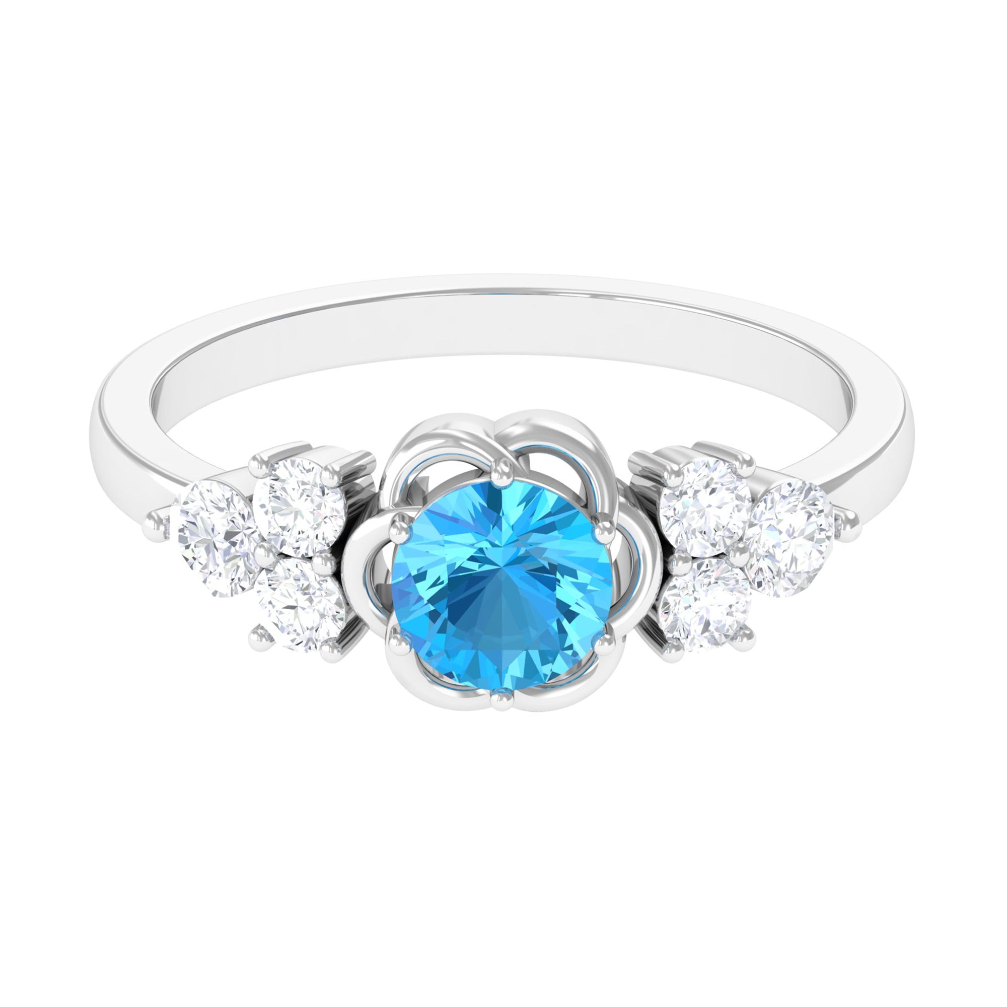 Rosec Jewels-Round Shape Swiss Blue Topaz Floral Engagement Ring with Diamond Trio