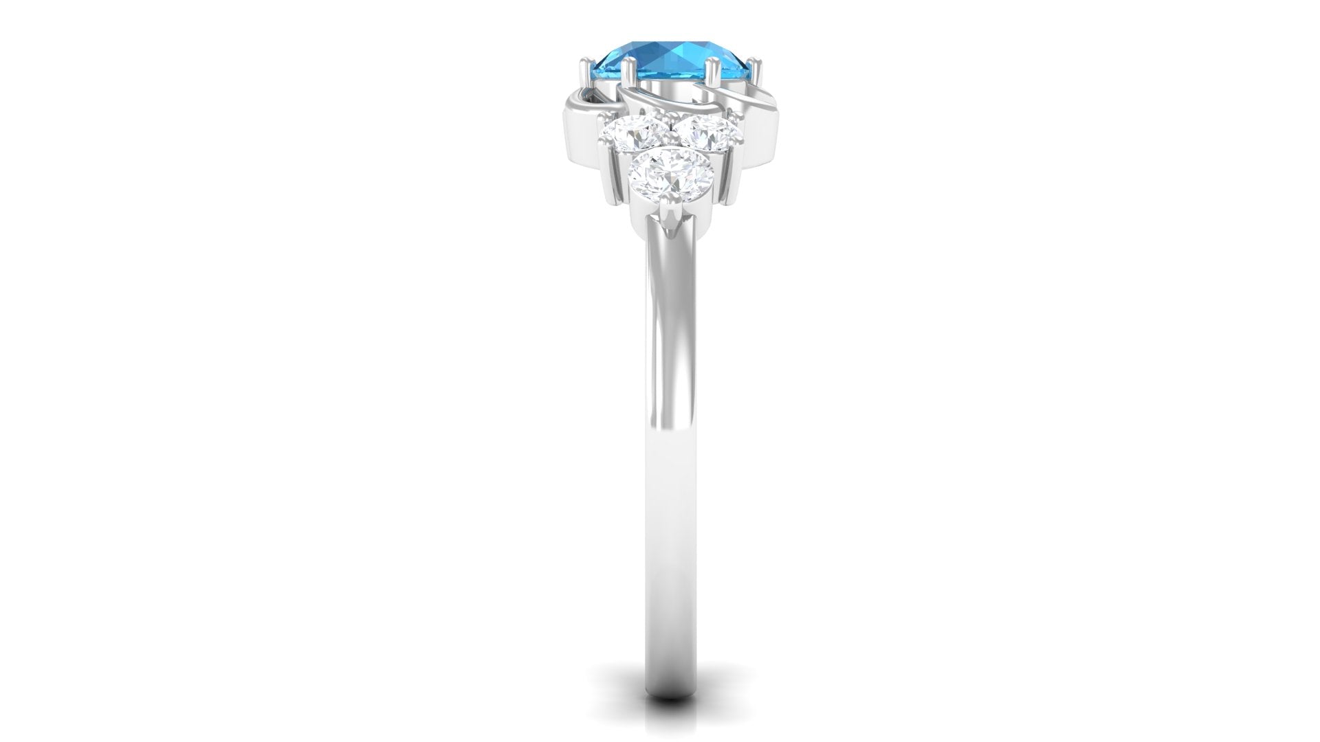 Rosec Jewels-Round Shape Swiss Blue Topaz Floral Engagement Ring with Diamond Trio