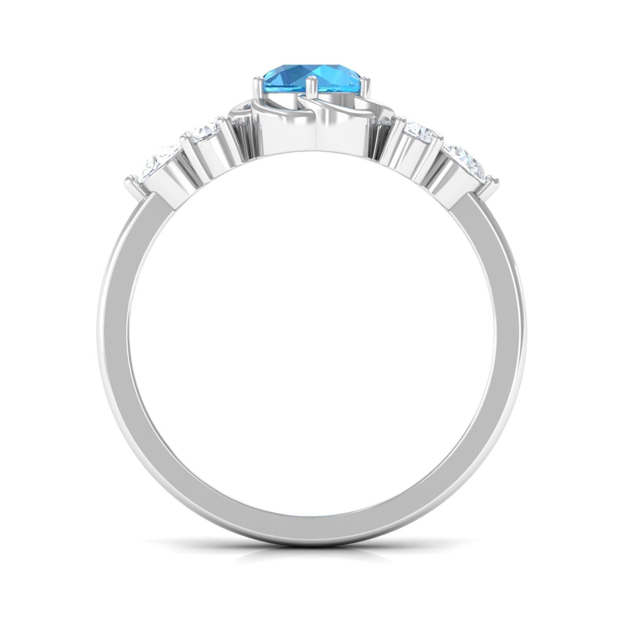 Rosec Jewels-Round Shape Swiss Blue Topaz Floral Engagement Ring with Diamond Trio