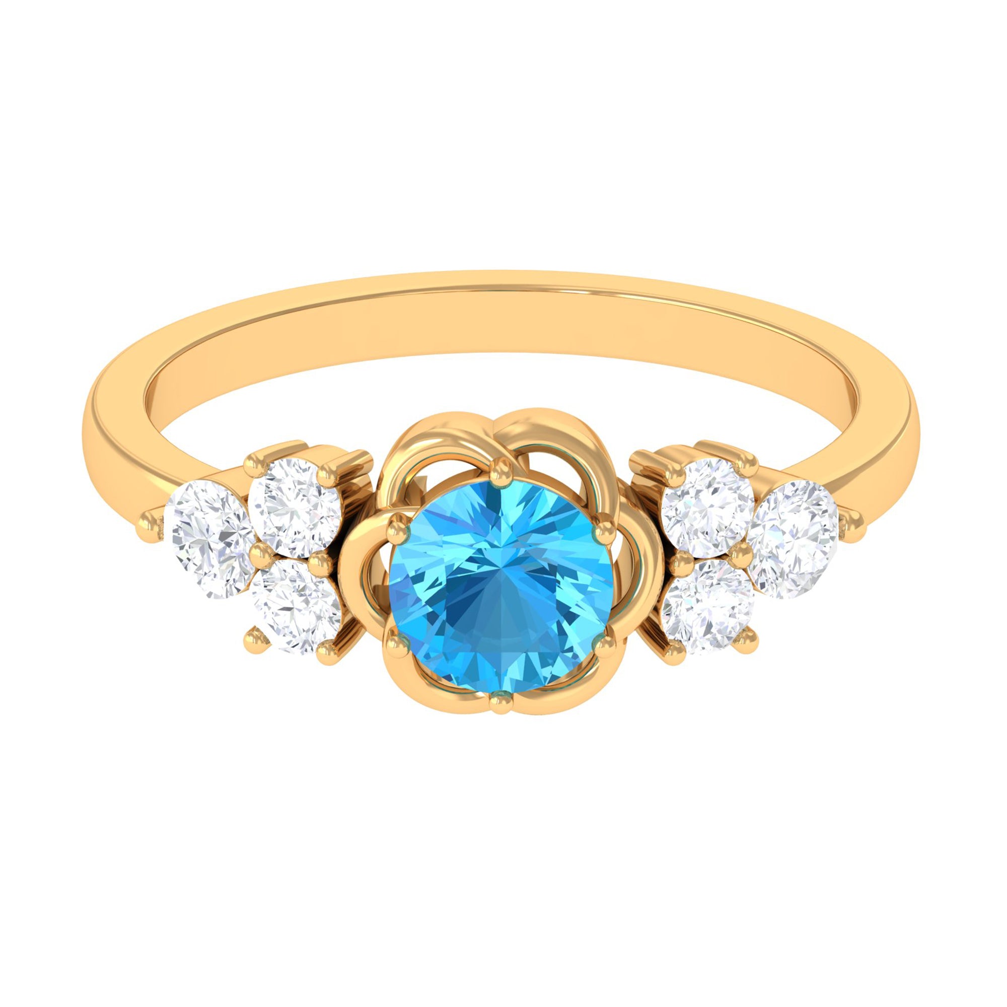 Rosec Jewels-Round Shape Swiss Blue Topaz Floral Engagement Ring with Diamond Trio